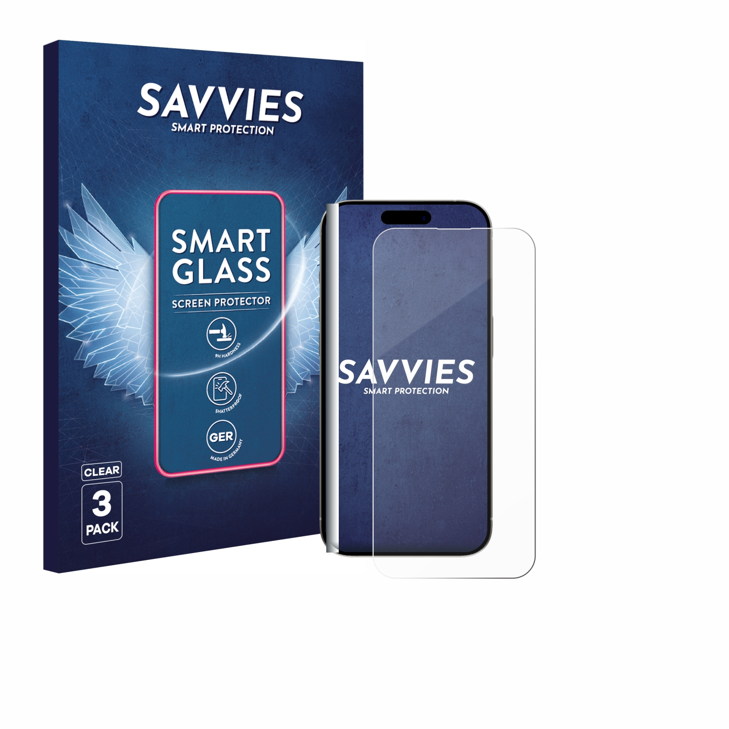 Ein Telefon und eine Displayschutzfolien-Box. Auf der Box steht 'SAVVIES SMART GLASS SCREEN PROTECTOR'. Das Telefon liegt neben der Folie.