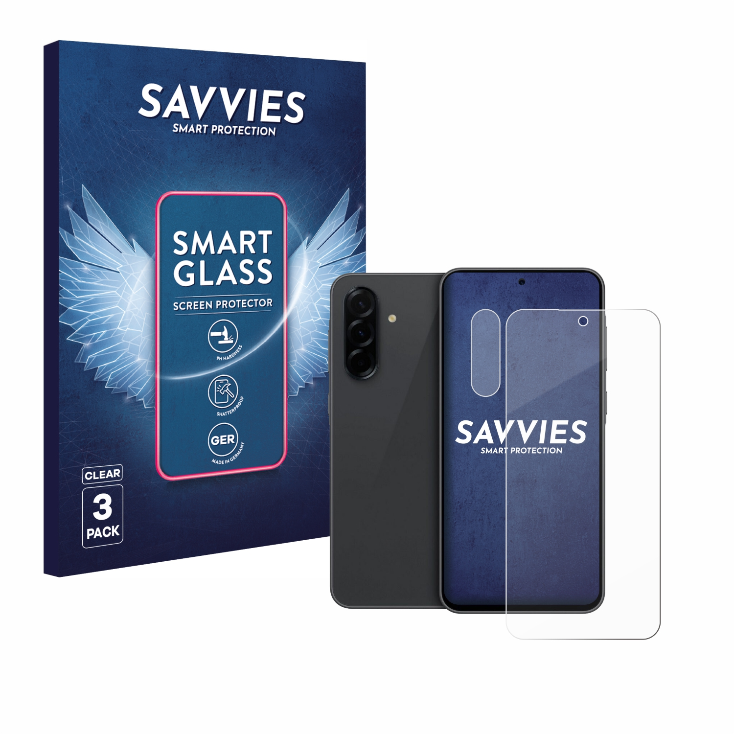 Ein Telefon, Displayschutz und eine Box. Auf der Box steht 'SAVVIES SMART GLASS'. Das Telefon ist schwarz. Schutzfolie transparent.