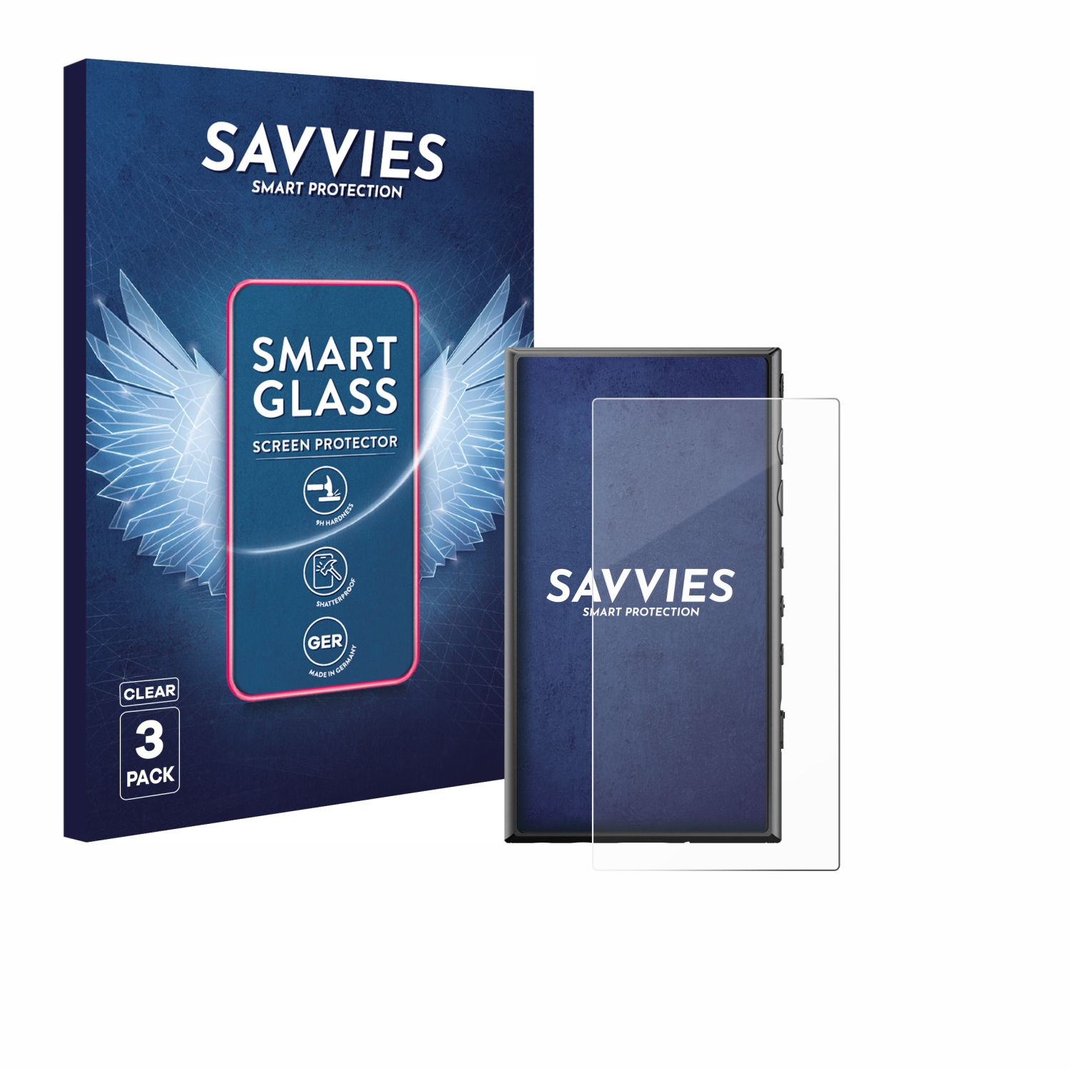 Eine Verpackung für einen Bildschirmschutz mit einem Telefon. Auf der Box steht Savvies Smart Glass. Ein Schutz befindet sich neben dem Telefon.