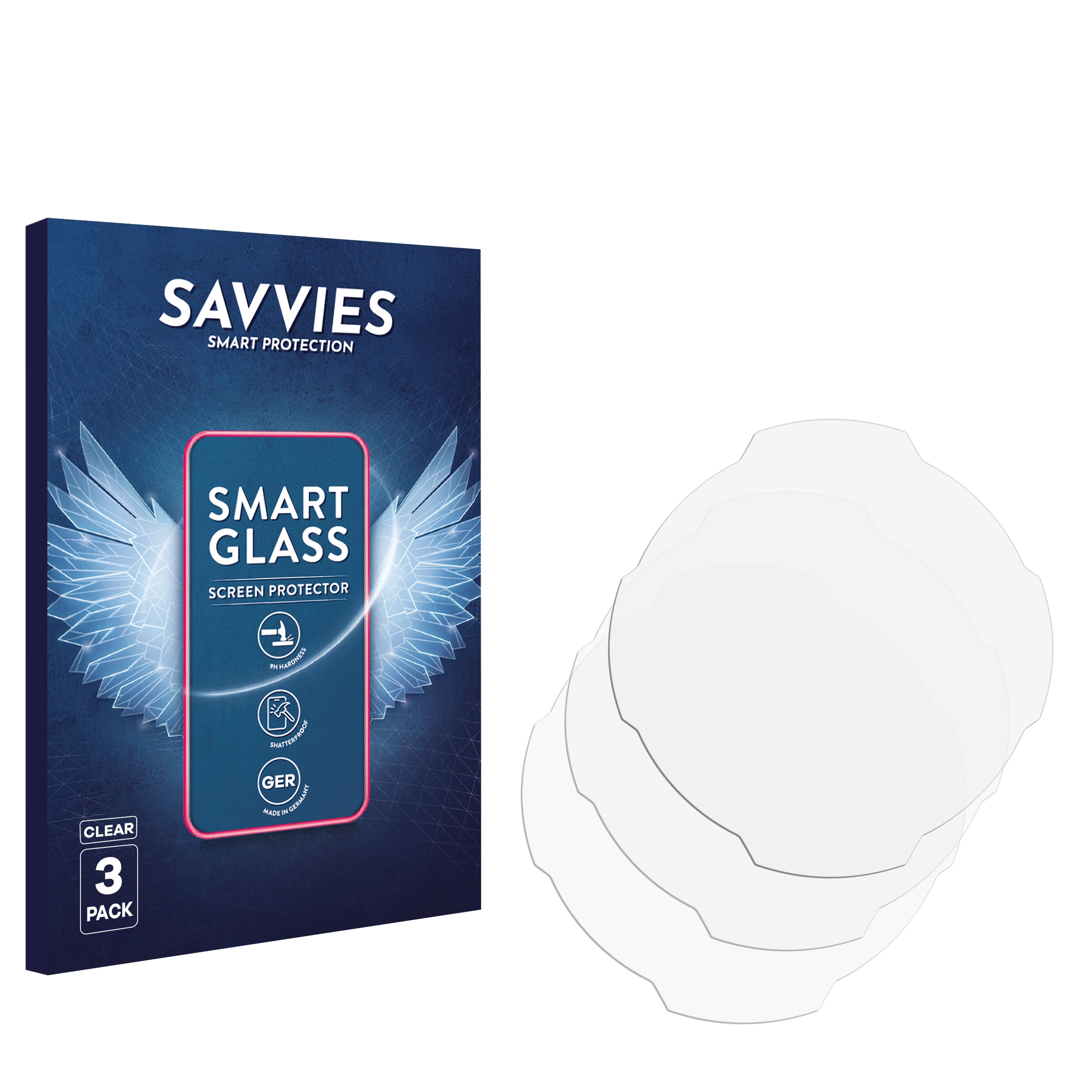 Eine Packung Displayschutzfolien mit drei transparenten Folien, neben der Box mit Produktdetails.