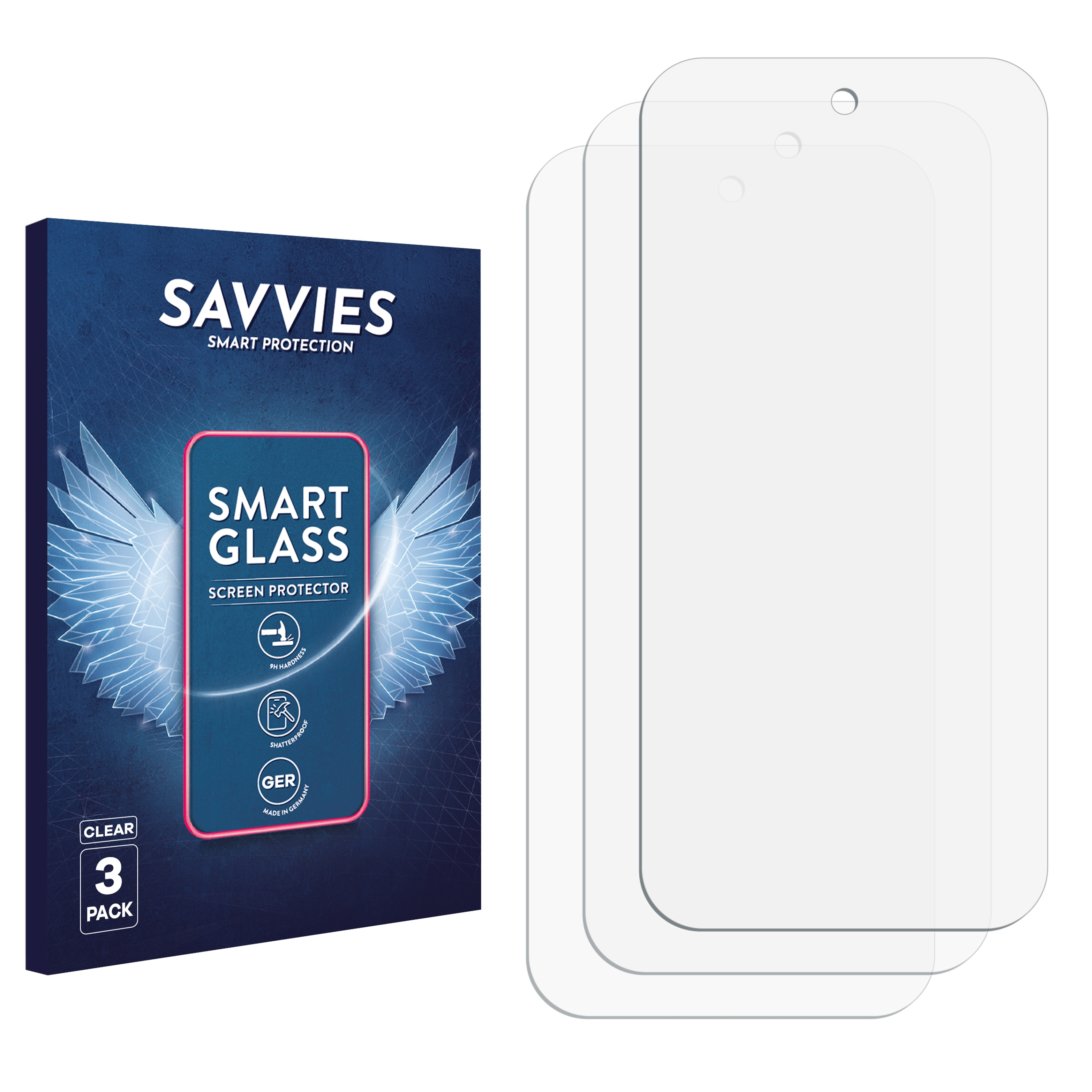Das Bild zeigt eine Packung mit Displayschutzfolien für Telefone mit drei Schutzfolien. Die Packung hat Text auf Englisch und Deutsch.