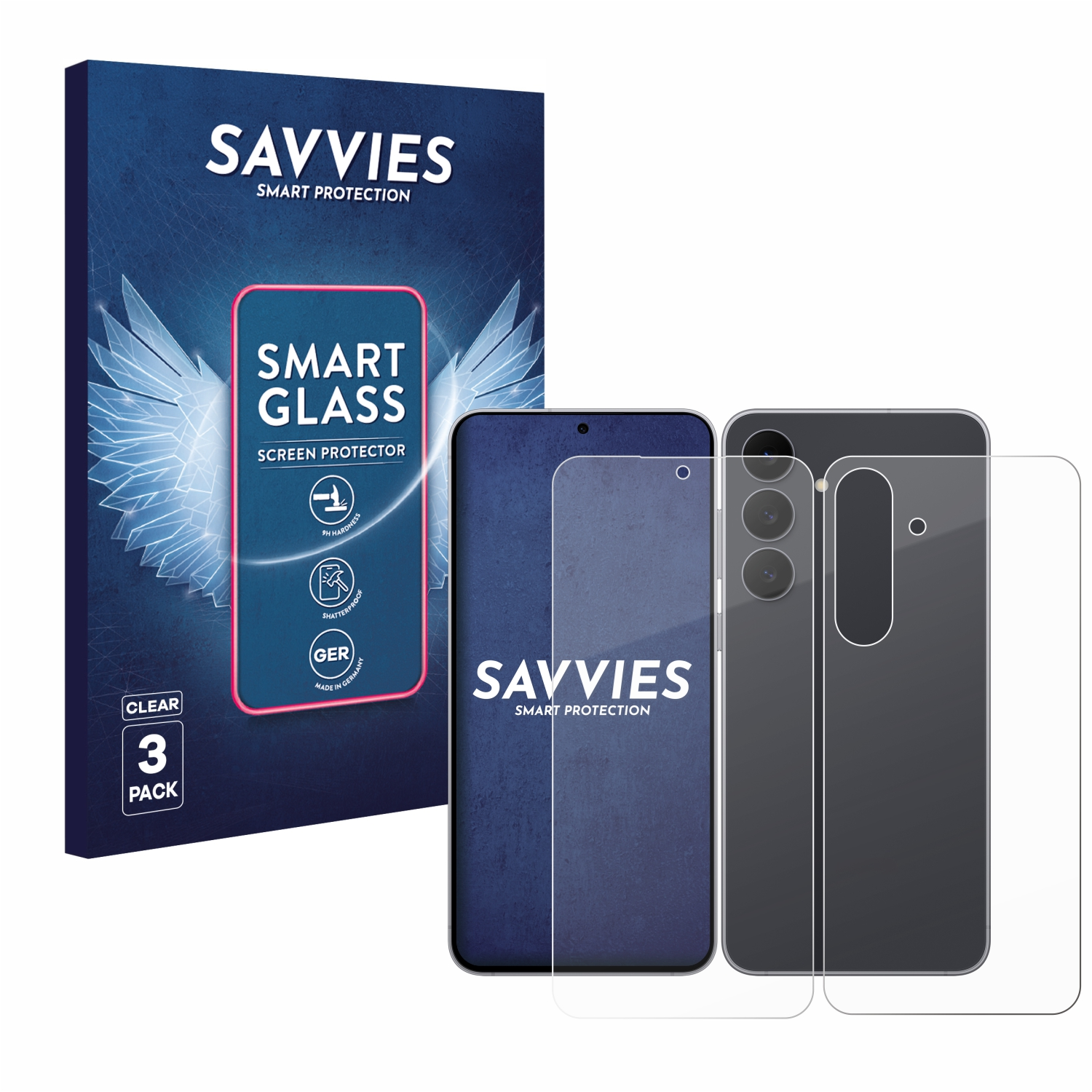 Ein Telefon und Displayschutzfolien mit einer Schachtel mit der Aufschrift 'SAVVIES SMART GLASS SCREEN PROTECTOR'.