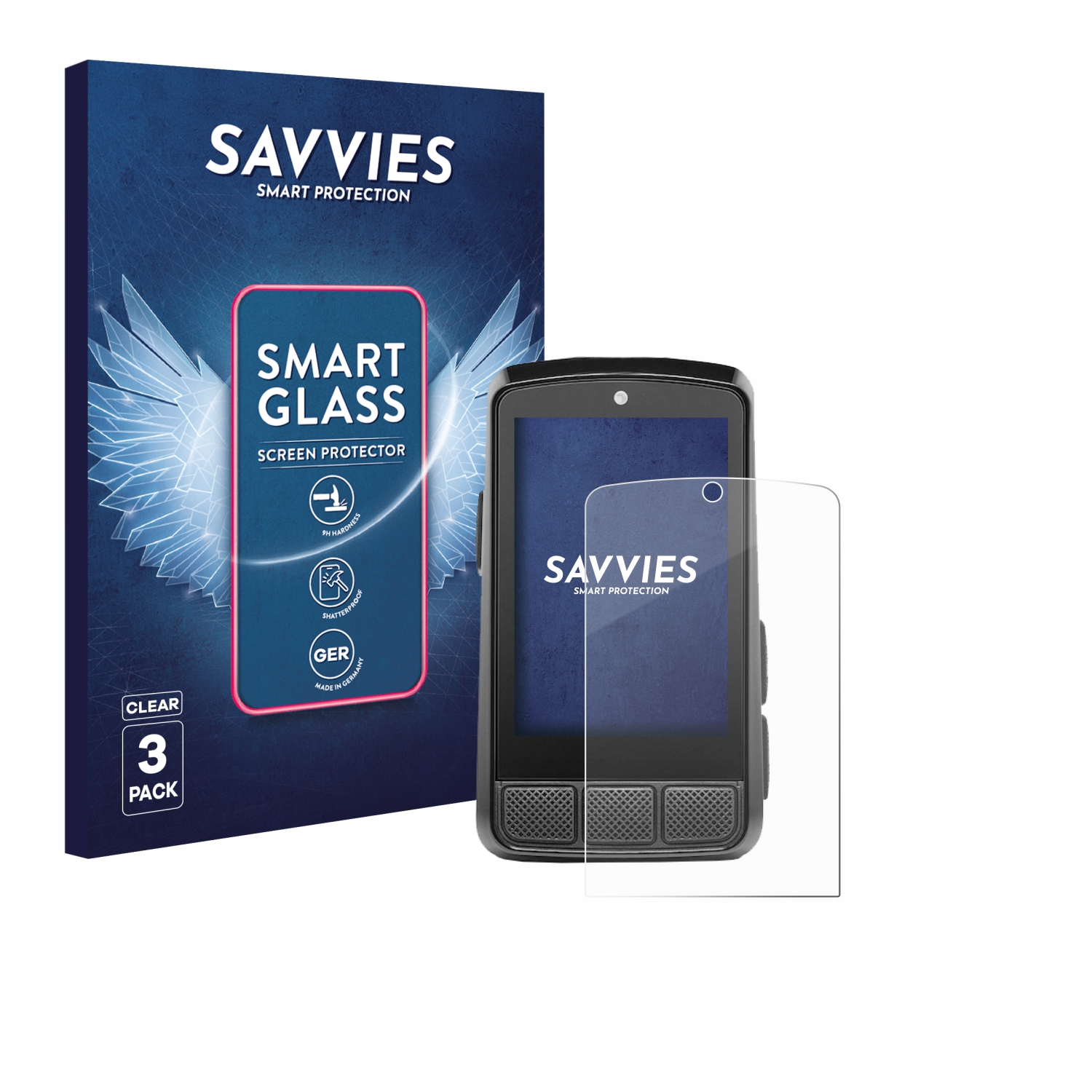 Ein Telefon und ein Displayschutz befinden sich neben einer Box. Auf der Box steht 'SAVVIES' und 'SMART GLASS'.