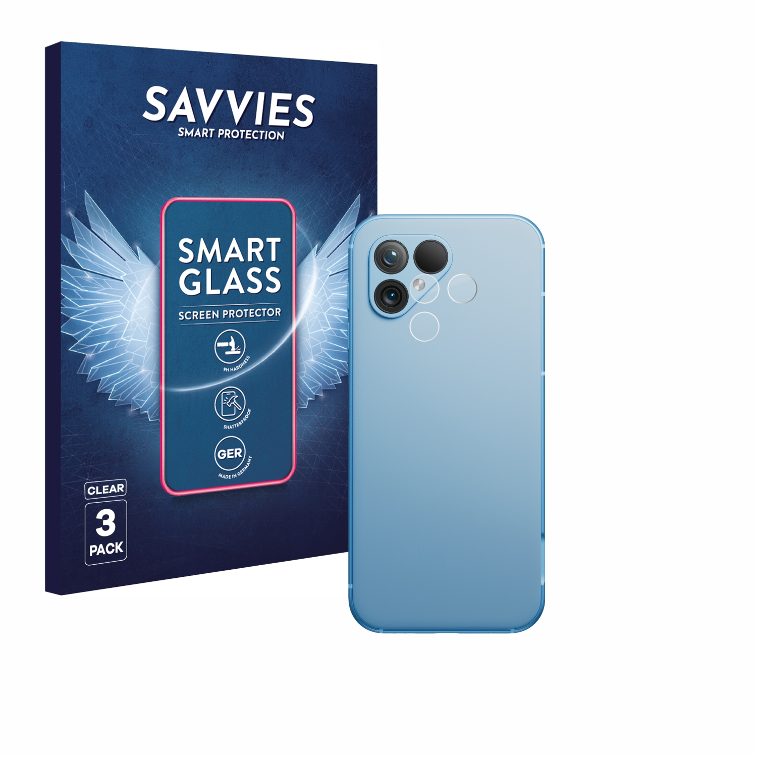 Ein Telefon und eine Displayschutzfolienbox. Das Telefon ist hellblau und hat mehrere Kameras. Die Box ist dunkelblau mit Text.