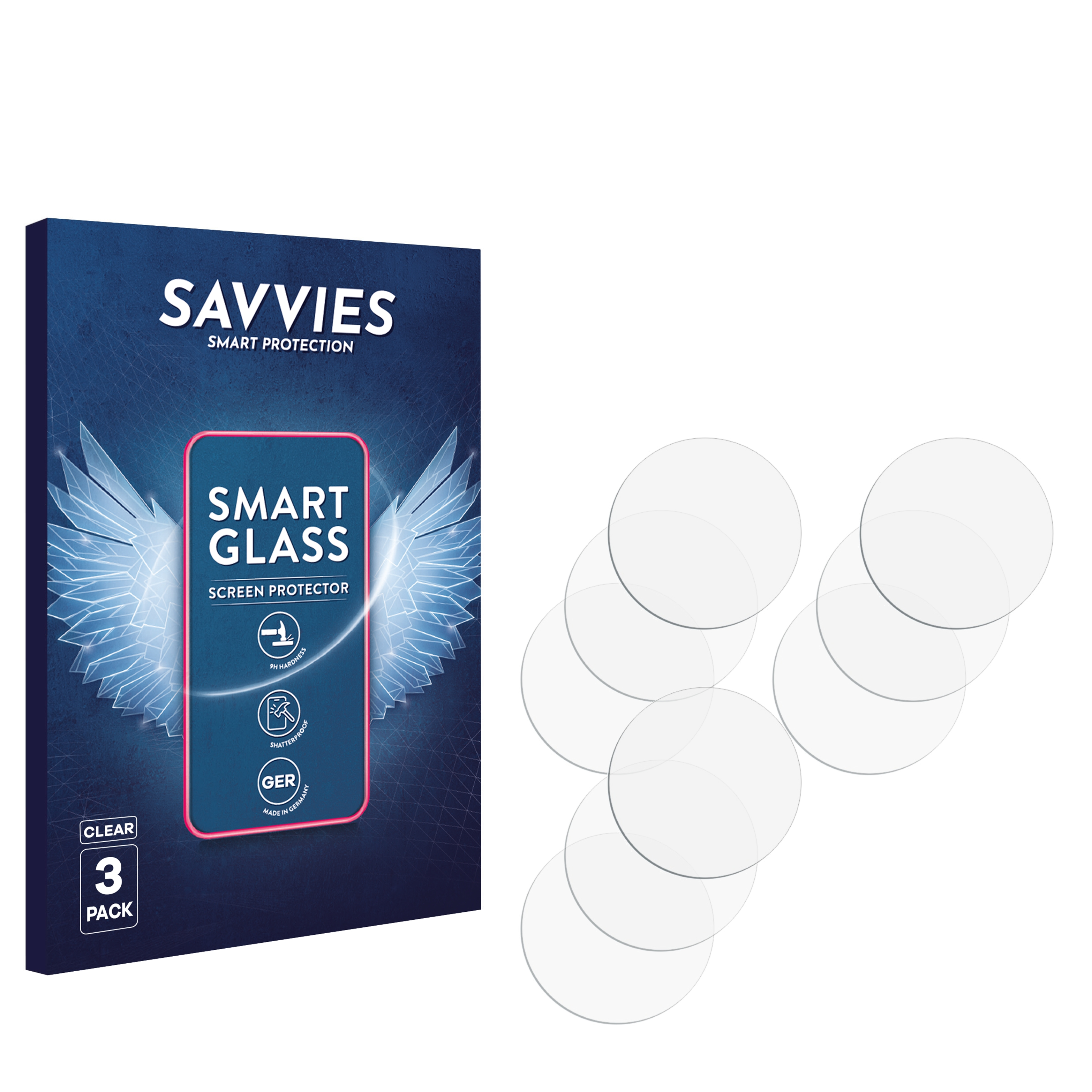 Eine Schachtel mit Displayschutzfolien und daneben ein Kreis aus Schutzfolien. Auf der Schachtel steht Smart Glass.