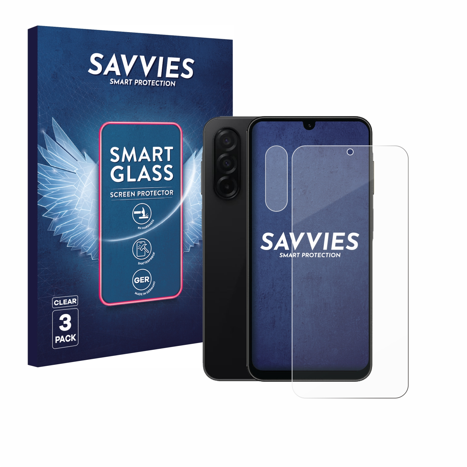 Ein Telefon, ein Displayschutz und die Verpackung werden angezeigt. Auf der Verpackung steht SAVVIES und SMART GLASS. Das Telefon ist schwarz.