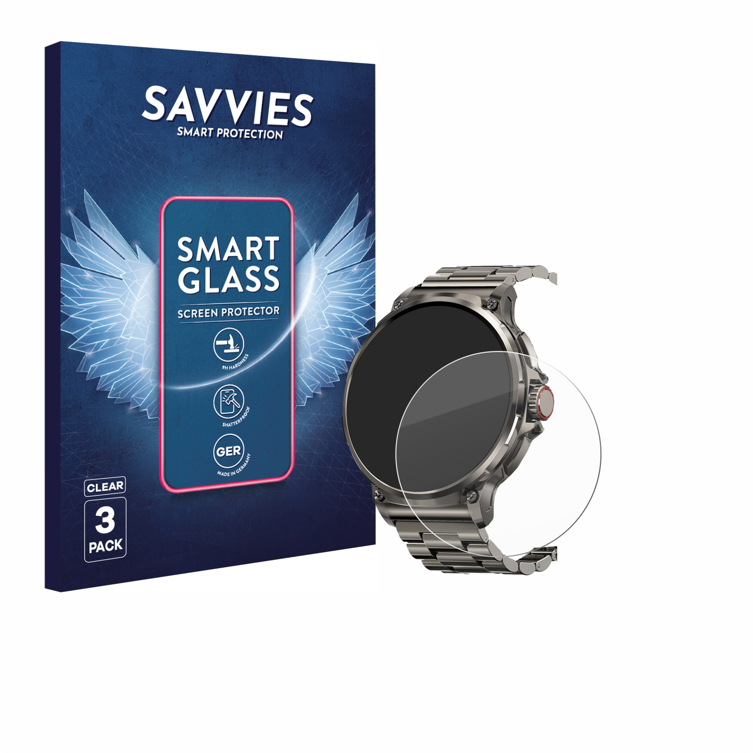 Eine Smartwatch mit Displayschutzfolie neben der Verpackung. Die Verpackung hat Logos und Texte wie 'Smart Glass' und '3er Pack'.