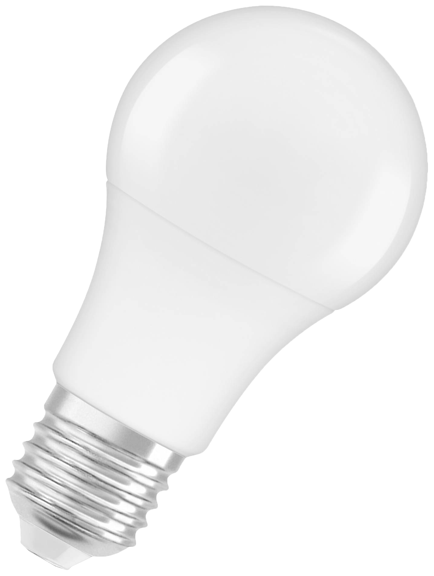 Biała żarówka LED ze srebrną podstawą. Żarówka jest owalna i lekko pochylona w lewo. Tło jest białe.