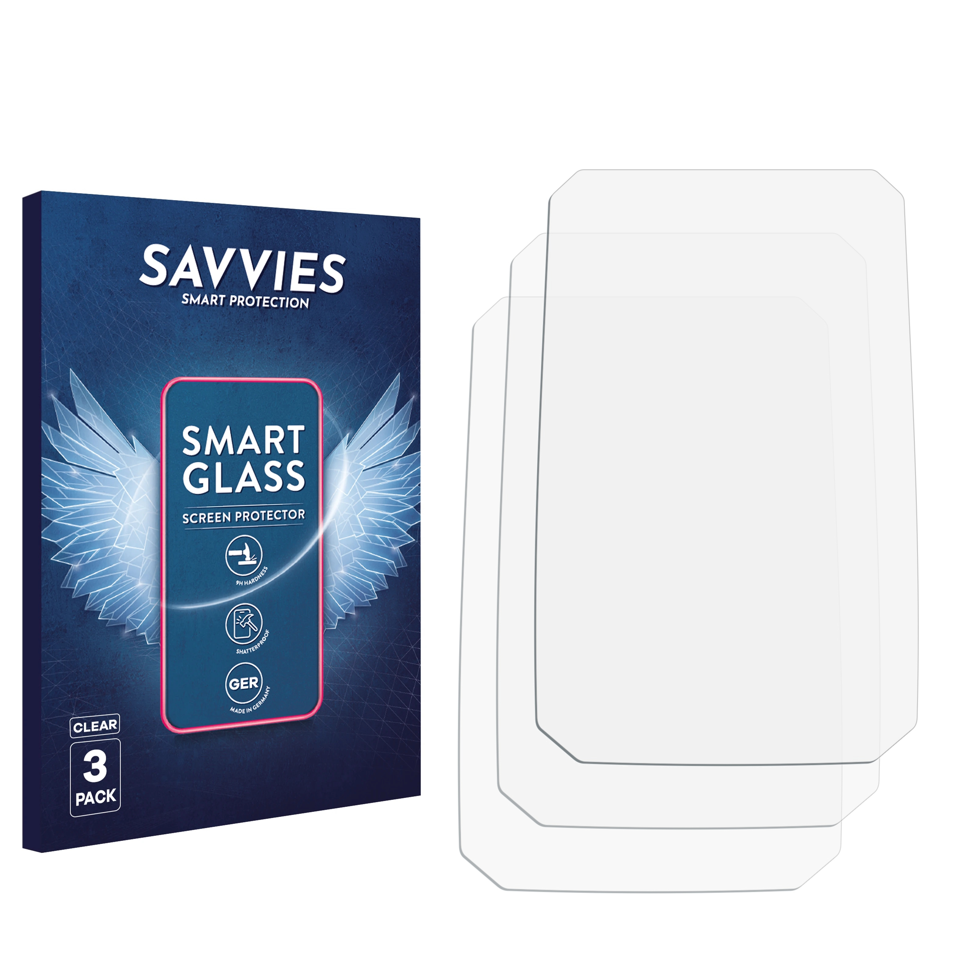 Eine Schachtel mit Savvies Smart Glass Displayschutzfolien und drei klare Displayschutzfolien.