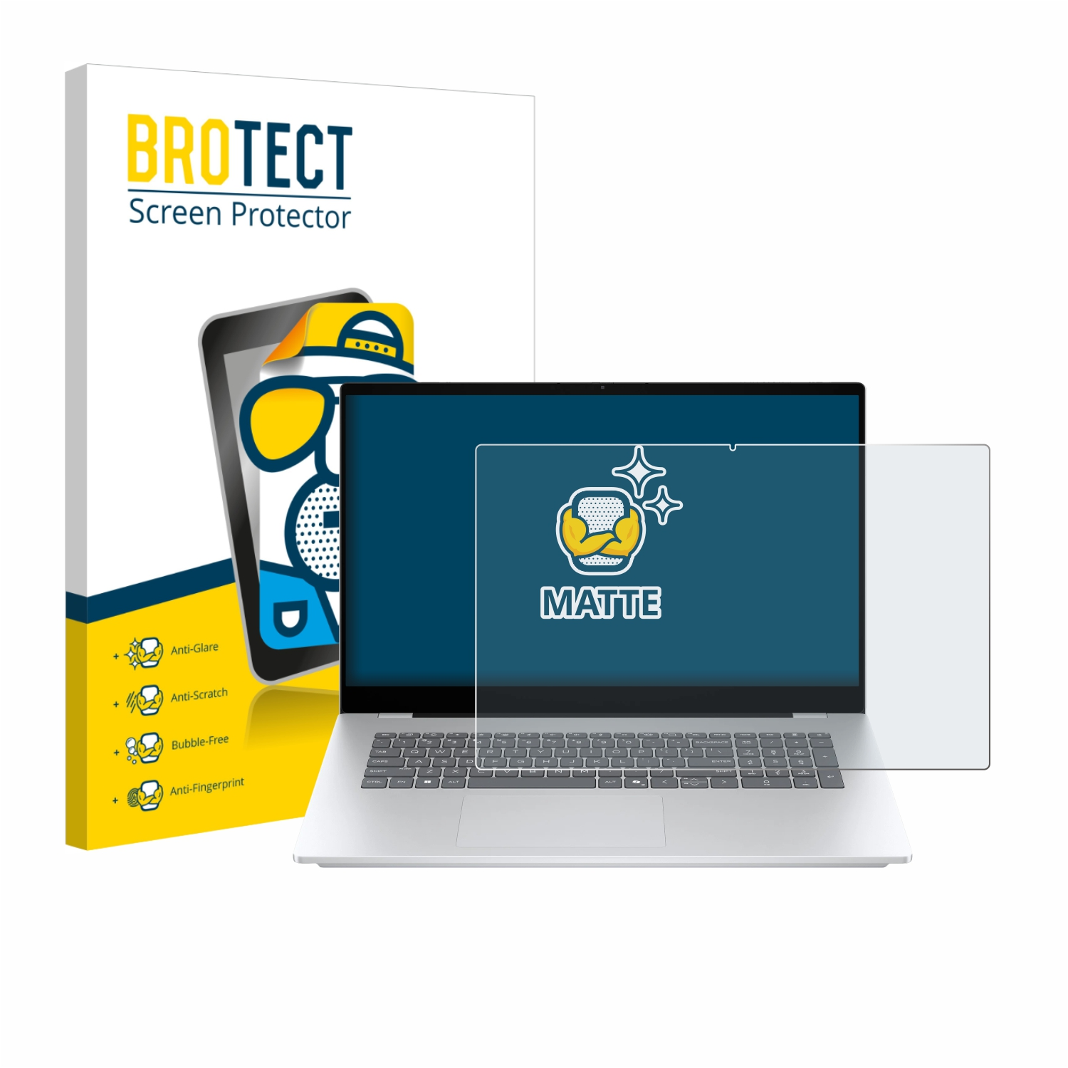 Ein Laptop mit Displayschutz, eine Box mit der Marke BROTECT und Icons, die Anti-Glare, Anti-Scratch, Blasenfrei und Anti-Fingerprint beschreiben.