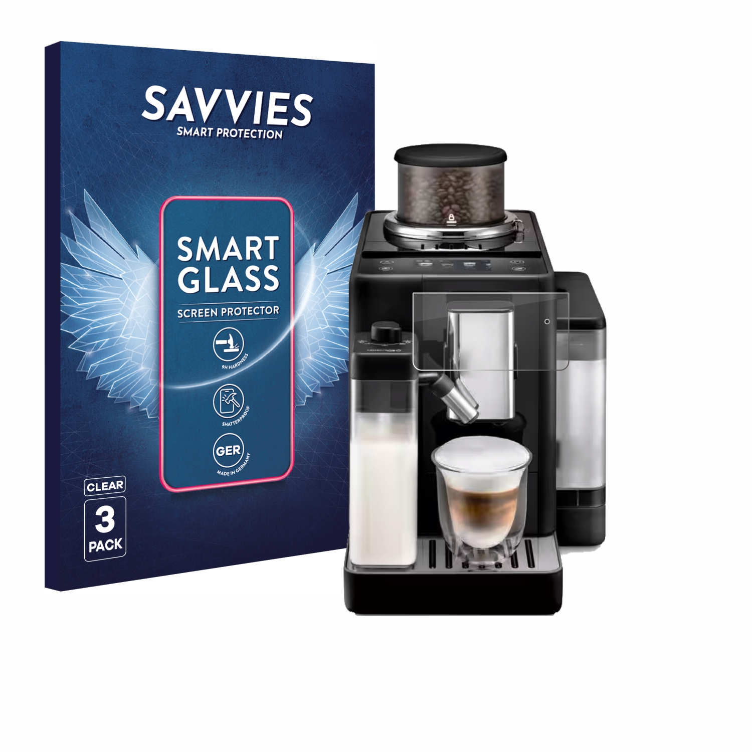 Eine Espressomaschine mit einem Glas Cappuccino neben einer Schachtel mit Smart-Glass-Displayschutzfolien.
