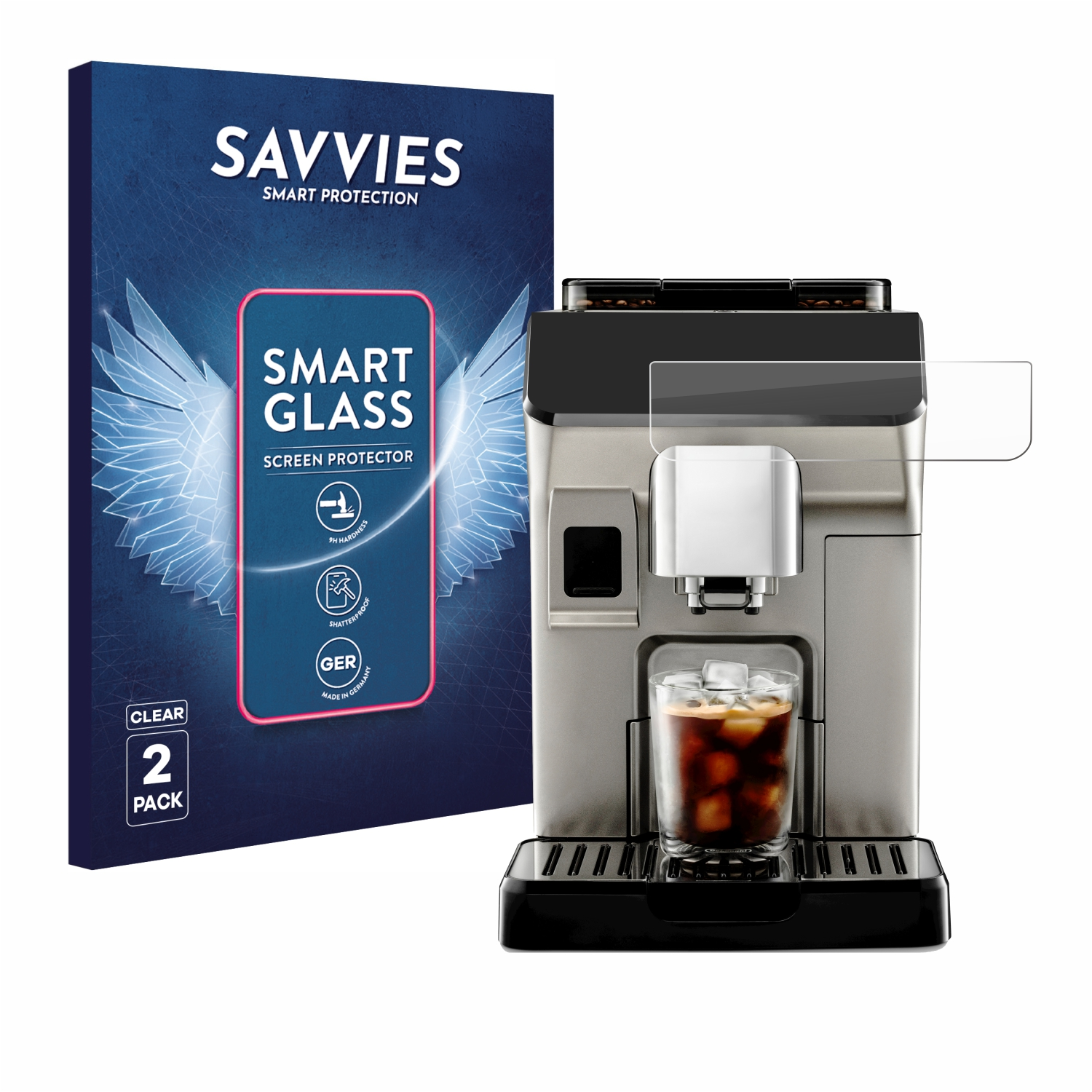 Eine Kaffeemaschine neben einer Displayschutzfolienbox. Das Glas enthält Eiskaffee. Auf der Box steht 'Smart Glass'.