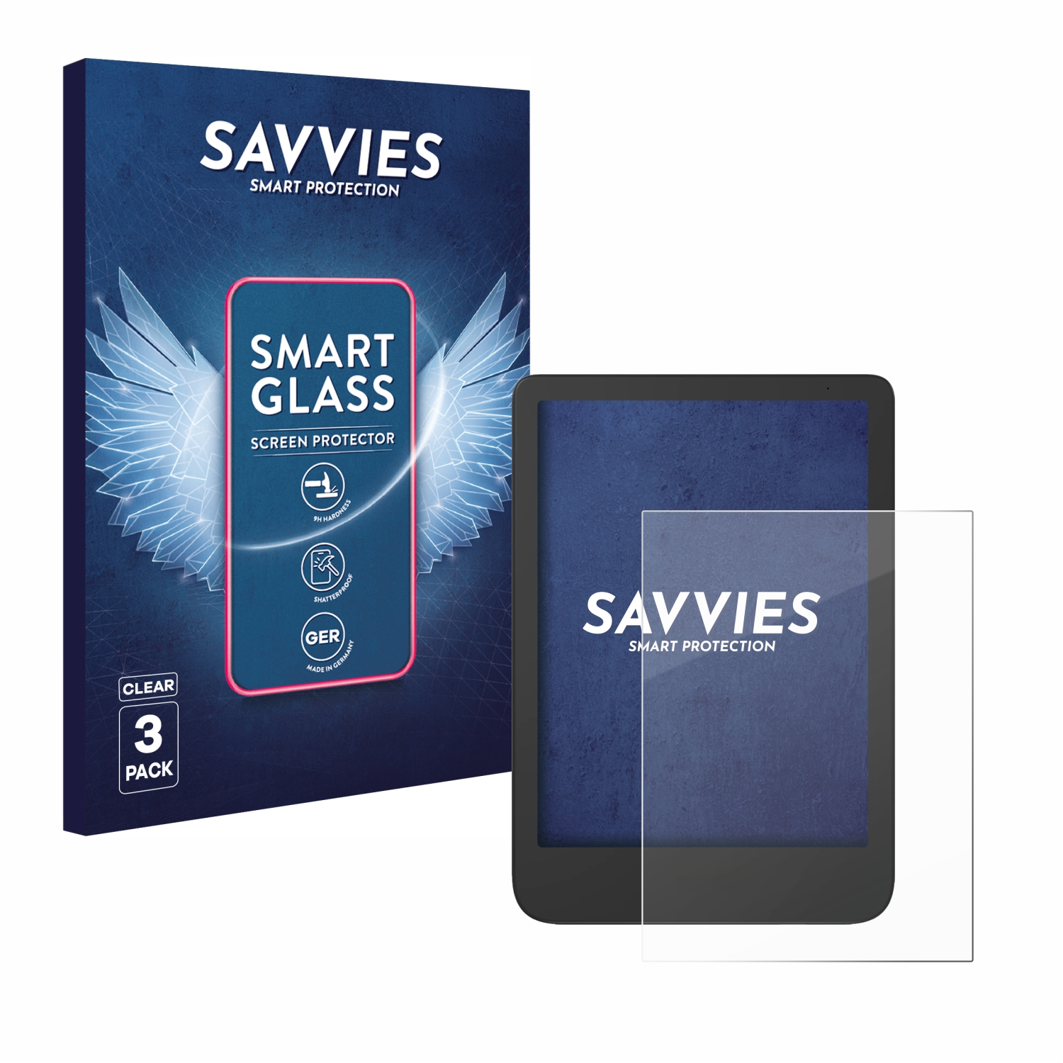 Eine Packung Displayschutzfolien mit einem Tablet und einer Folie. Auf der Box steht 'Savvies Smart Glass' und 'Clear 3 Pack'.