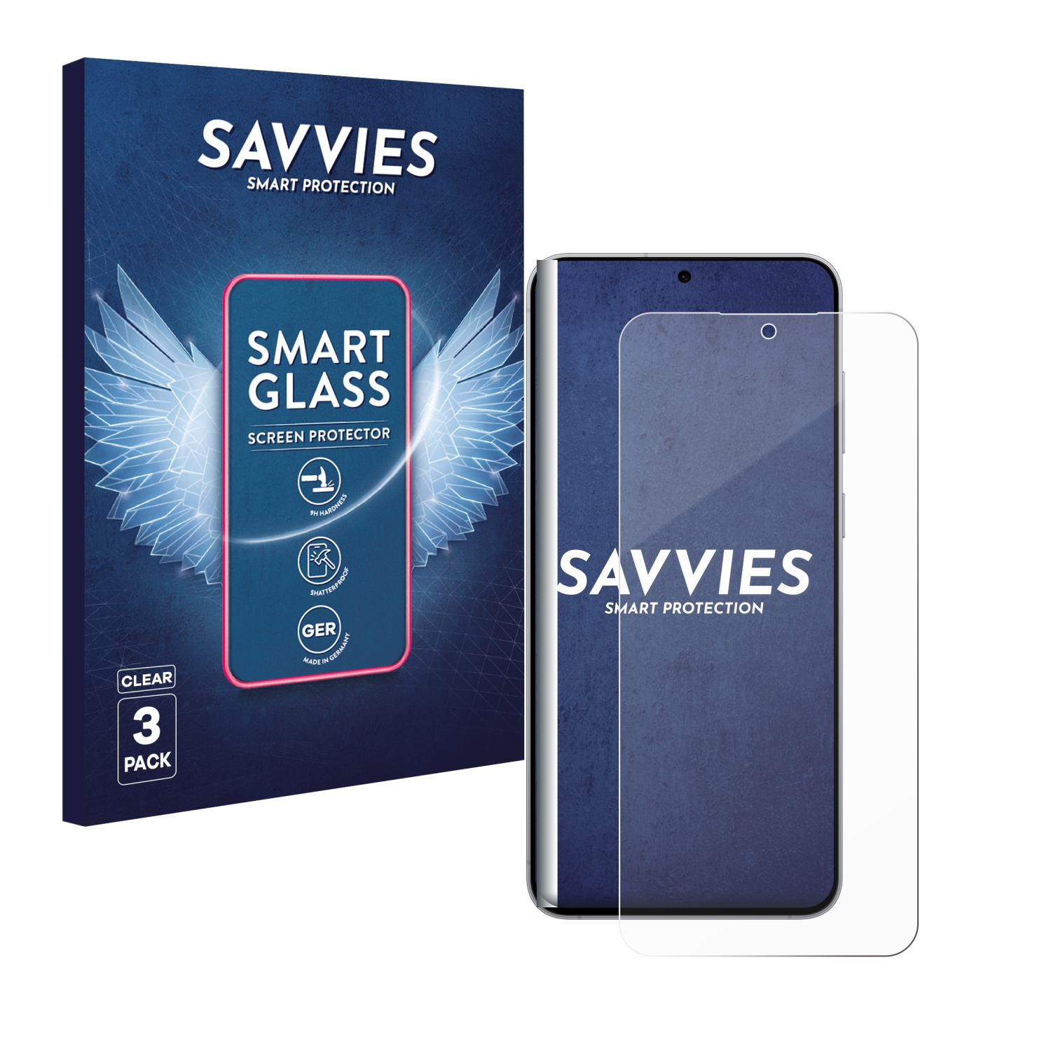 Eine Verpackung für einen Displayschutz mit einem Telefon. Auf der Verpackung steht SAVVIES SMART PROTECTION und SMART GLASS.