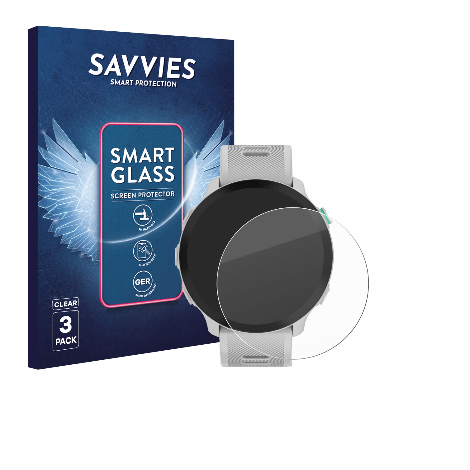 Eine Smartwatch mit Displayschutzfolie und Verpackung. Auf der Verpackung steht 'SAVVIES SMART GLASS' und '3 PACK'.