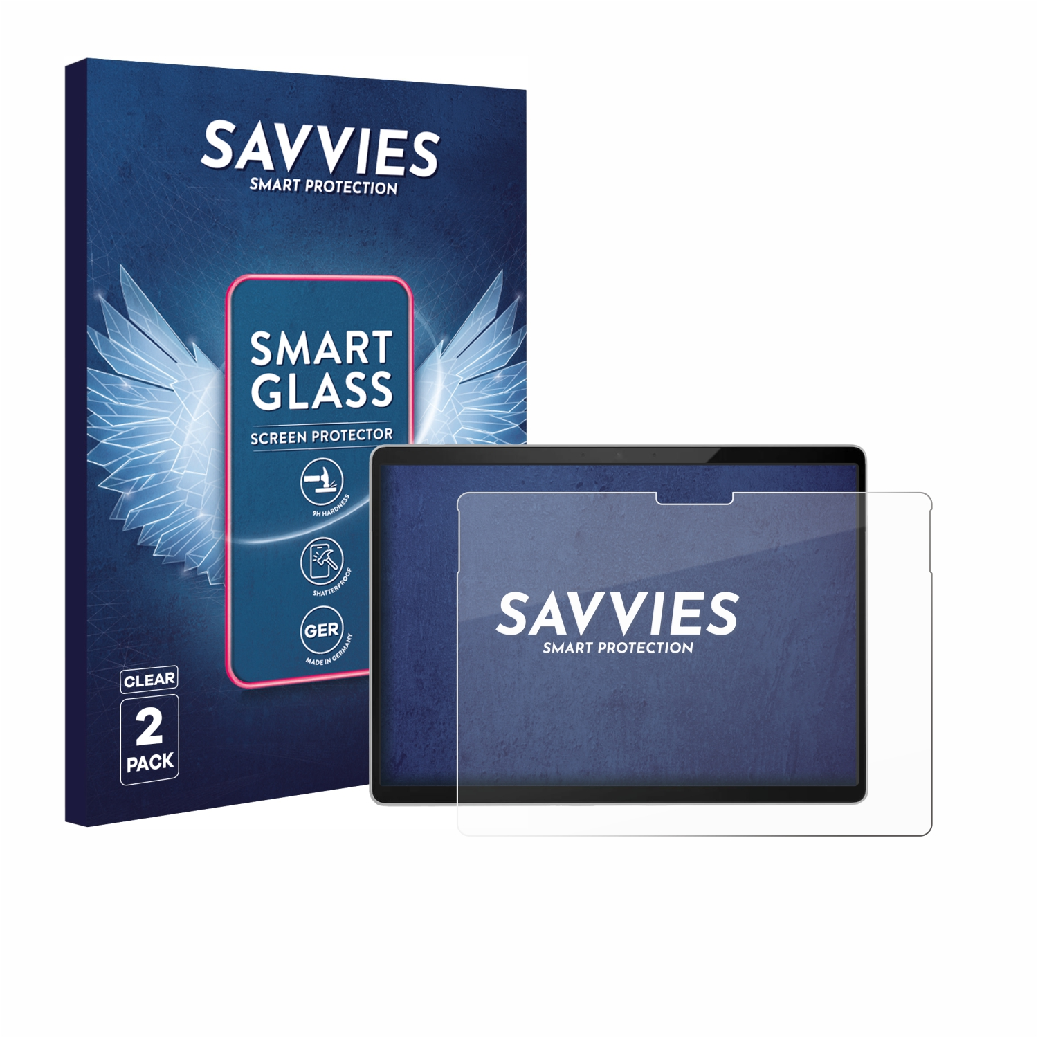 Eine Schutzfolienverpackung und eine Schutzfolie werden angezeigt. Auf der Verpackung steht 'SAVVIES SMART PROTECTION' und 'SMART GLASS'.