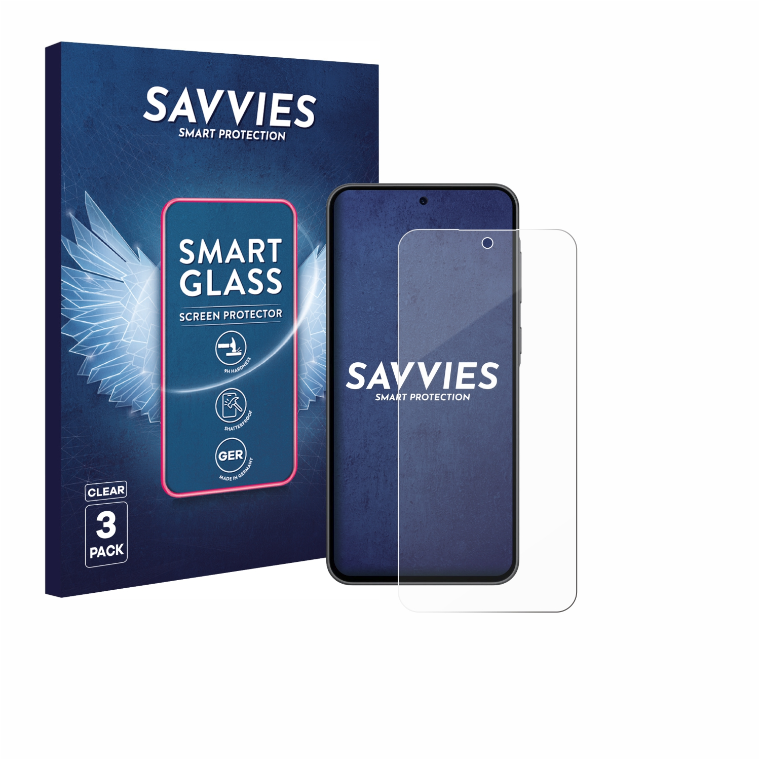 Verpackung eines Displayschutzglases mit Telefon und Schutzfolie. Text: 'SAVVIES SMART GLASS SCREEN PROTECTOR'. Klar, 3er-Pack.