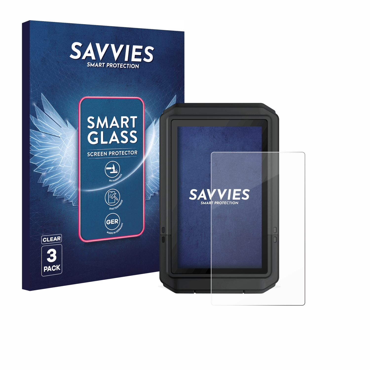 Eine Displayschutzbox und ein Gerät mit Displayschutz. Auf der Box steht 'Smart Glass' und 'Savvies'. Der Schutz ist klar.