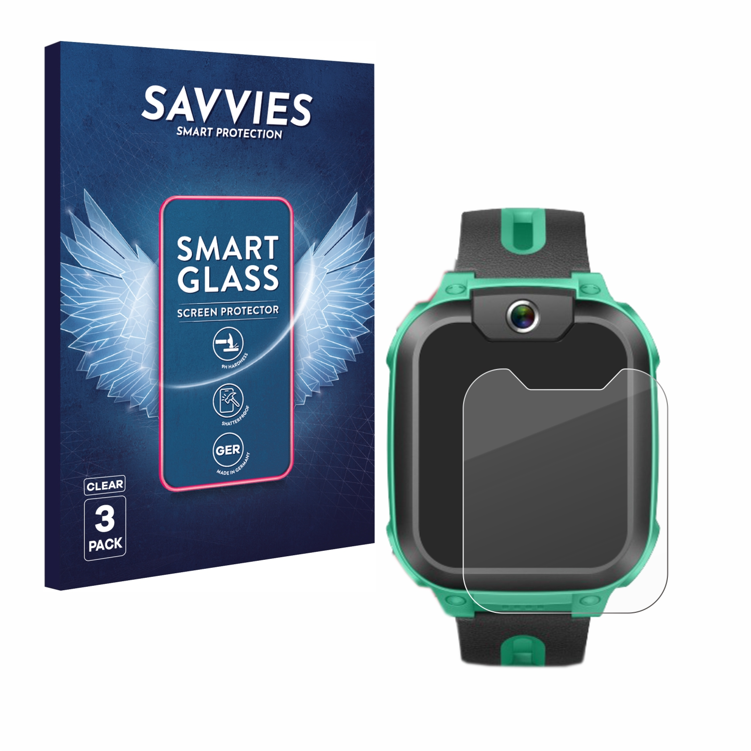 Eine Smartwatch mit Displayschutzfolie und eine Packung Displayschutzfolien. Auf der Packung steht 'Smart Glass' und '3er Pack'.