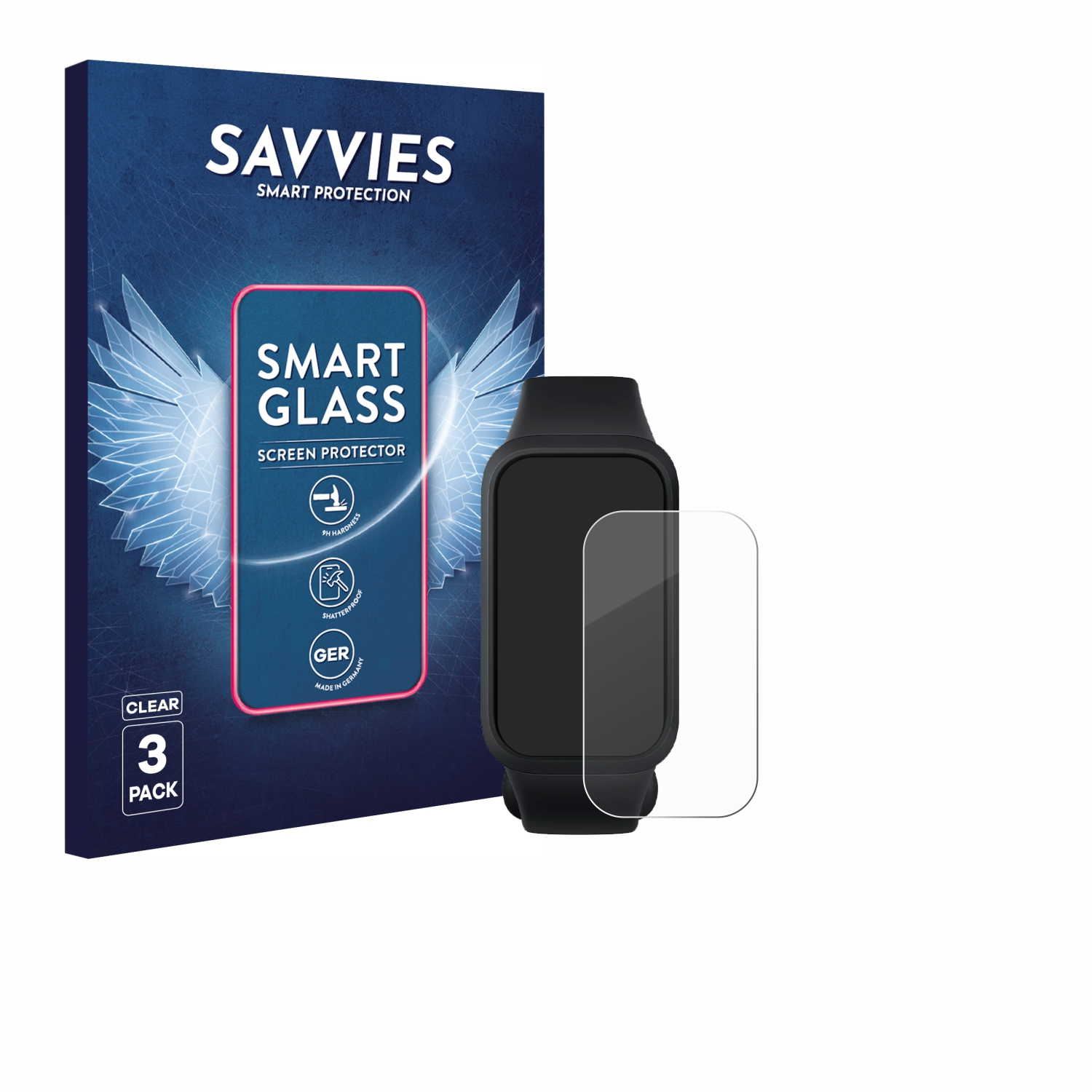 Eine Smartwatch mit Displayschutzfolie und Box. Auf der Box steht 'SAVVIES SMART GLASS SCREEN PROTECTOR' und '3 PACK'.