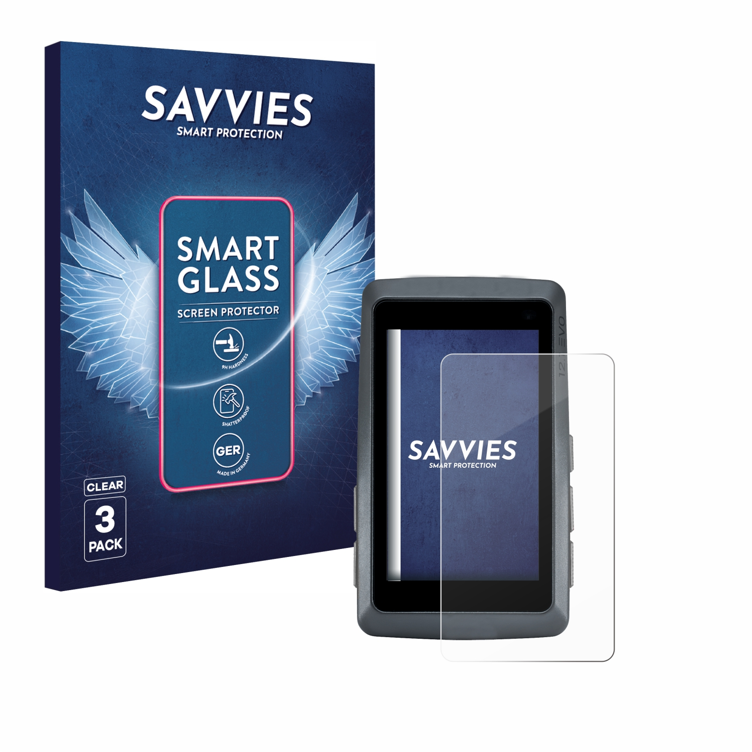 Eine Displayschutzfolienbox, ein Gerät und ein Protektor. Auf der Box steht 'SAVVIES SMART GLASS', 'SCREEN PROTECTOR', '3 PACK' und 'MADE IN GERMANY'.