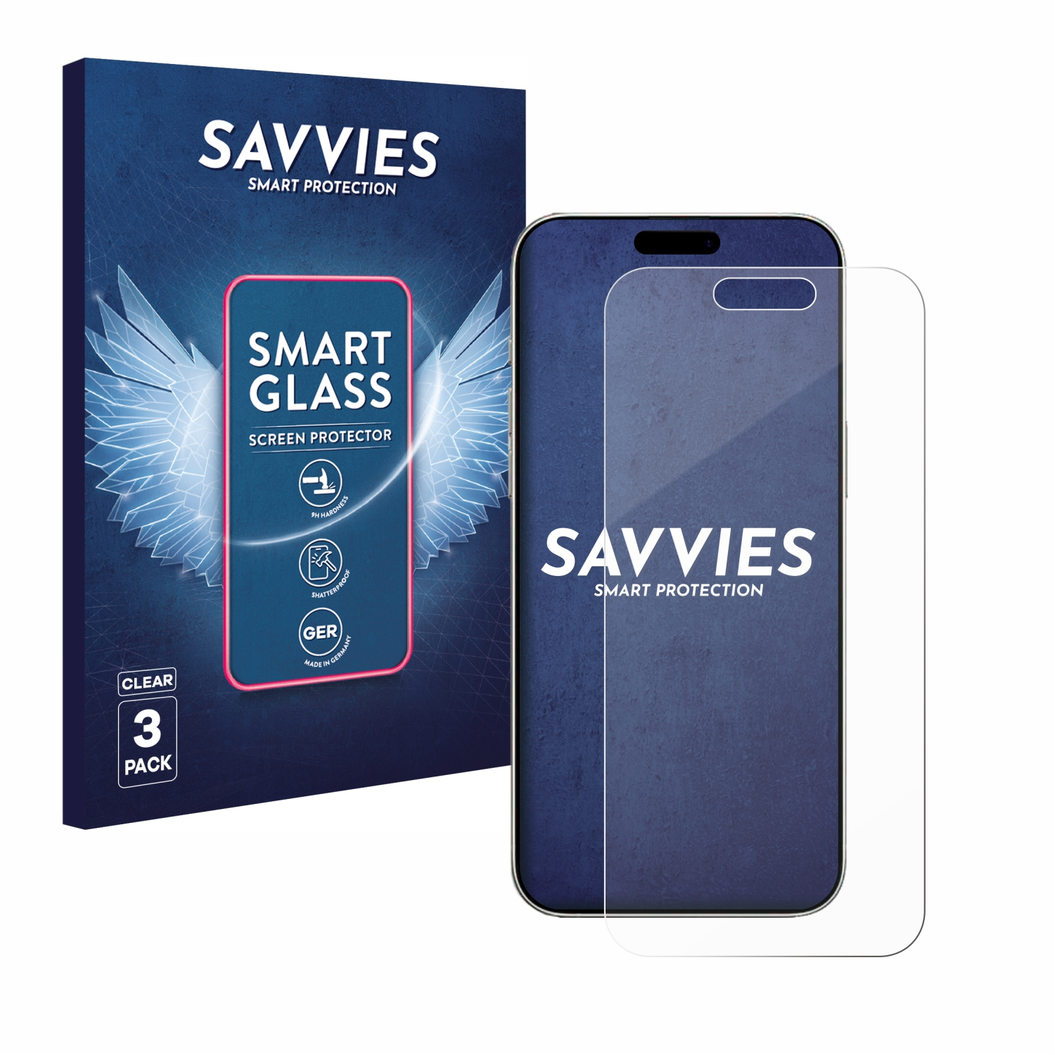 Ein Telefon und ein Displayschutz befinden sich neben einer Schachtel. Auf der Schachtel steht 'Savvies' und 'Smart Glass'.