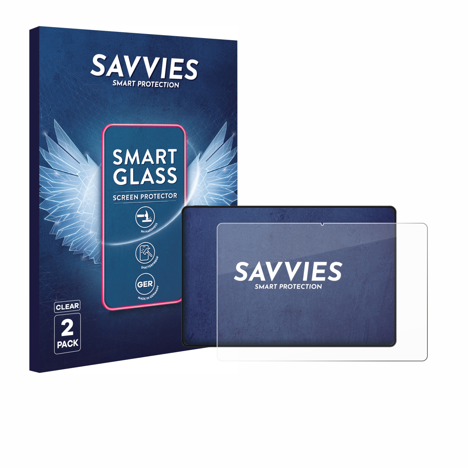 Eine Displayschutzbox und ein Protektor. Auf der Box steht Savvies Smart Glass. Sie hat ein Flügeldesign. Der Protektor ist klar, mit der gleichen Marke.
