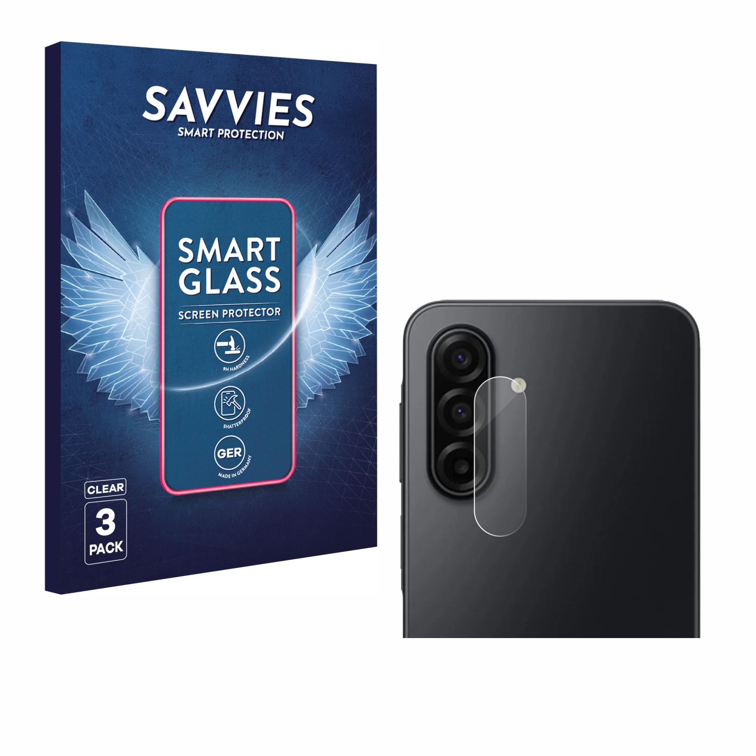 Ein Telefon und eine Displayschutzfolienbox. Auf der Box steht 'Smart Glass' und 'Savvies'. Auf dem Telefon ist ein Kameraschutz angebracht.