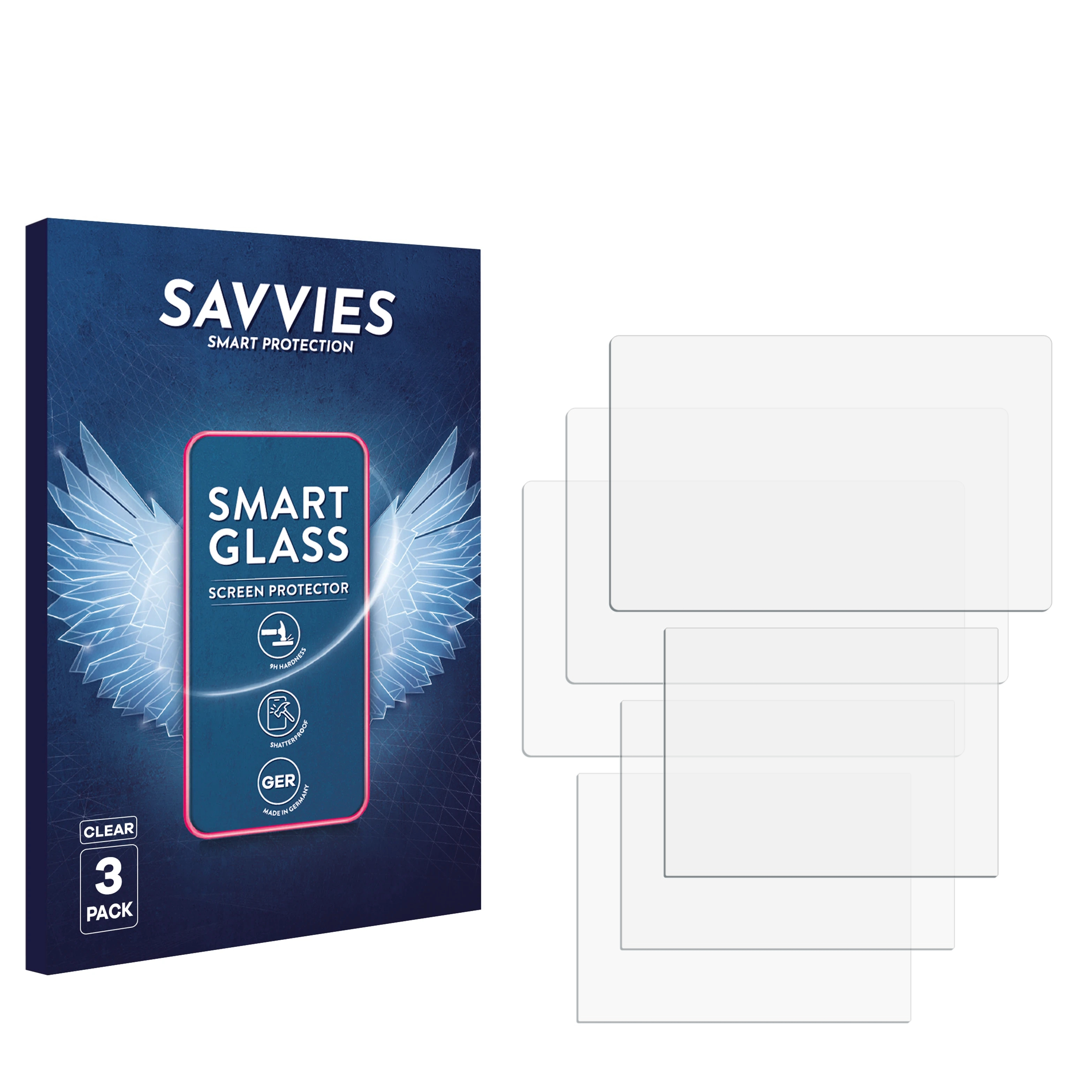 Eine Schachtel mit Savvies Smart Glass Displayschutzfolien. Klare Glasschutzfolien und Produktinformationen.