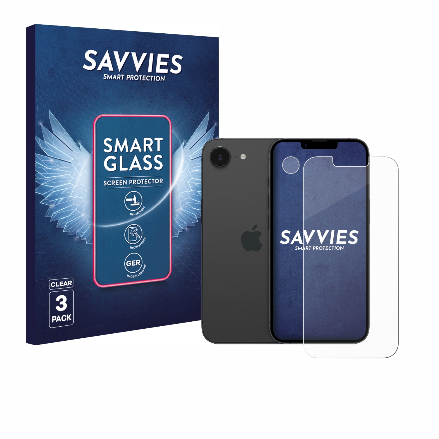 Ein Telefon und ein Displayschutz befinden sich neben einer Box. Die Box bewirbt ein klares 3er-Pack Displayschutz mit der Marke SAVVIES.
