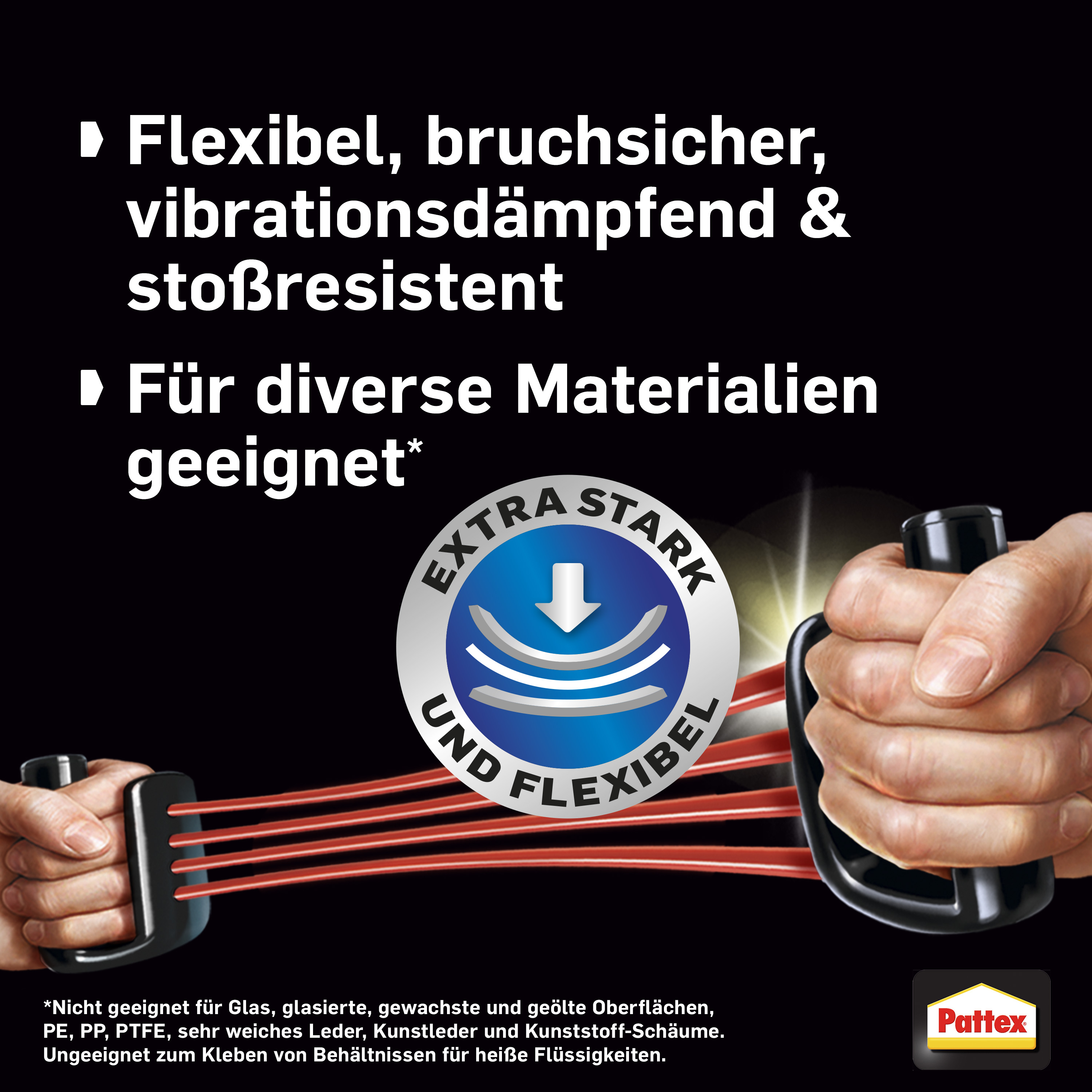 Hände ziehen an einem schwarzen Gerät mit roten Bändern. Text hebt Flexibilität hervor. Pattex-Logo sichtbar.