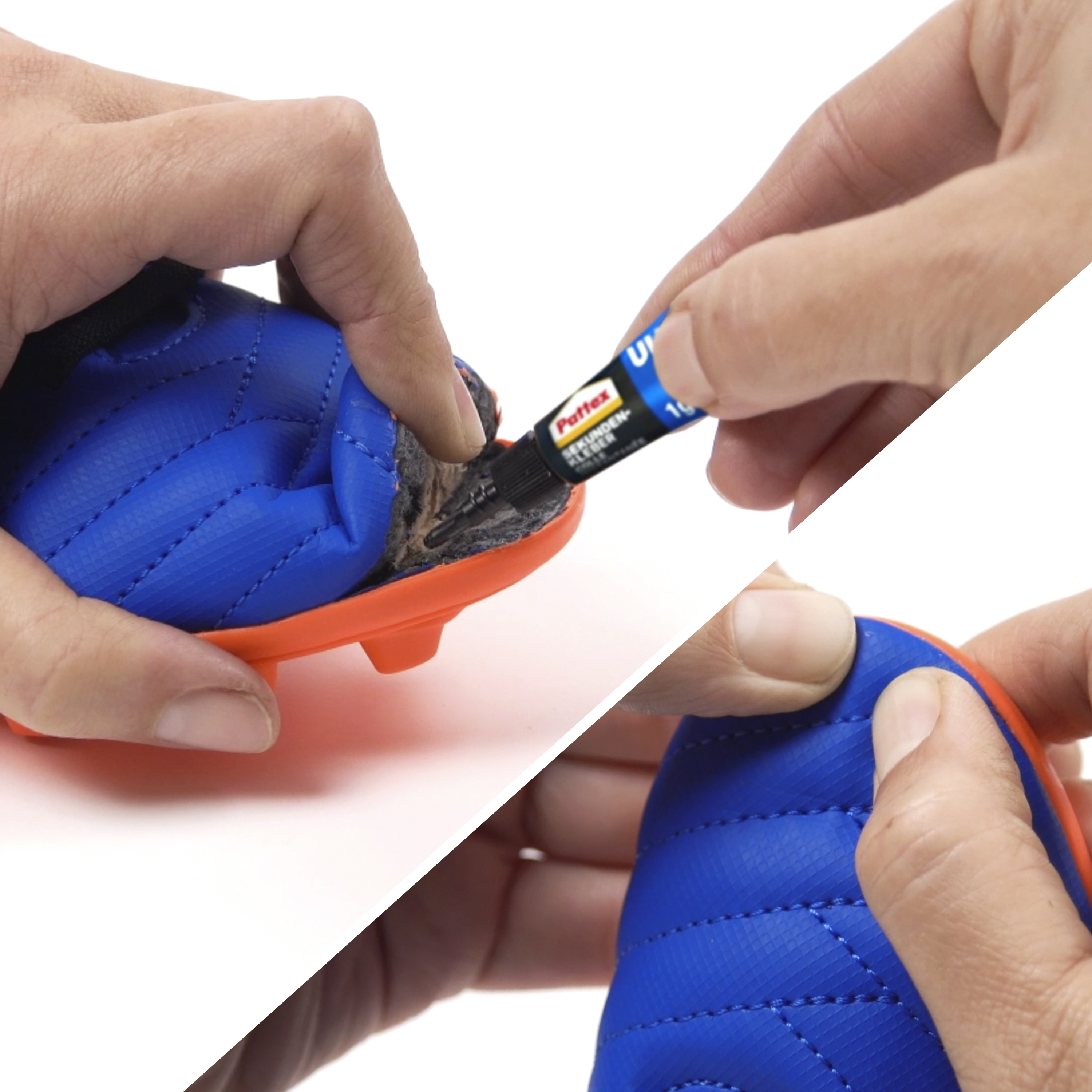 Hände tragen Kleber auf einen blauen Fußballschuh auf. Der Schuh hat eine orangefarbene Sohle. Der Kleber ist aus einer Pattex-Tube.