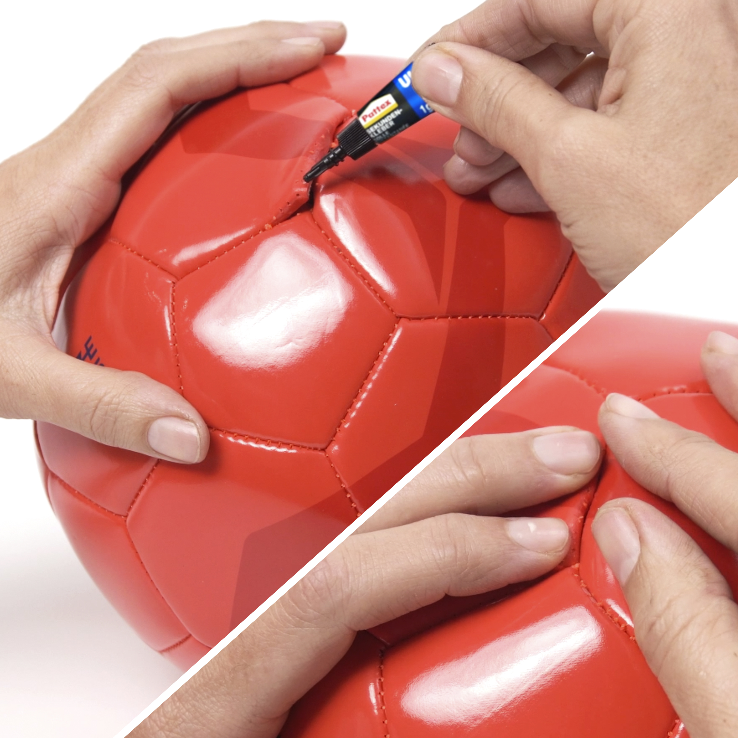 Eine Person klebt einen roten Fußball. Hände halten den Ball und die Klebertube.