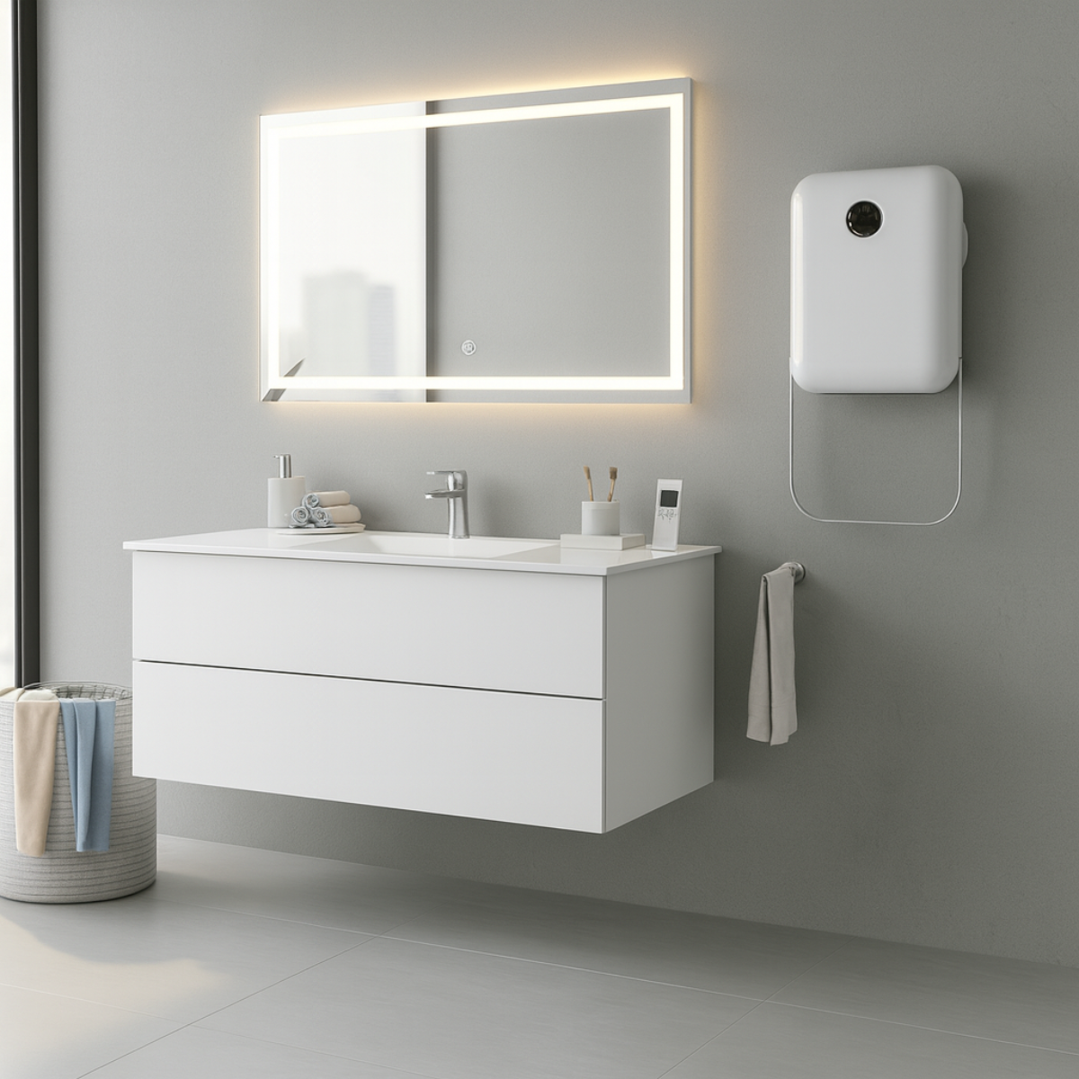 Badkamer met witte wastafel, verlichte spiegel en handdoek. Mand met handdoeken links. Klein apparaat aan de muur.