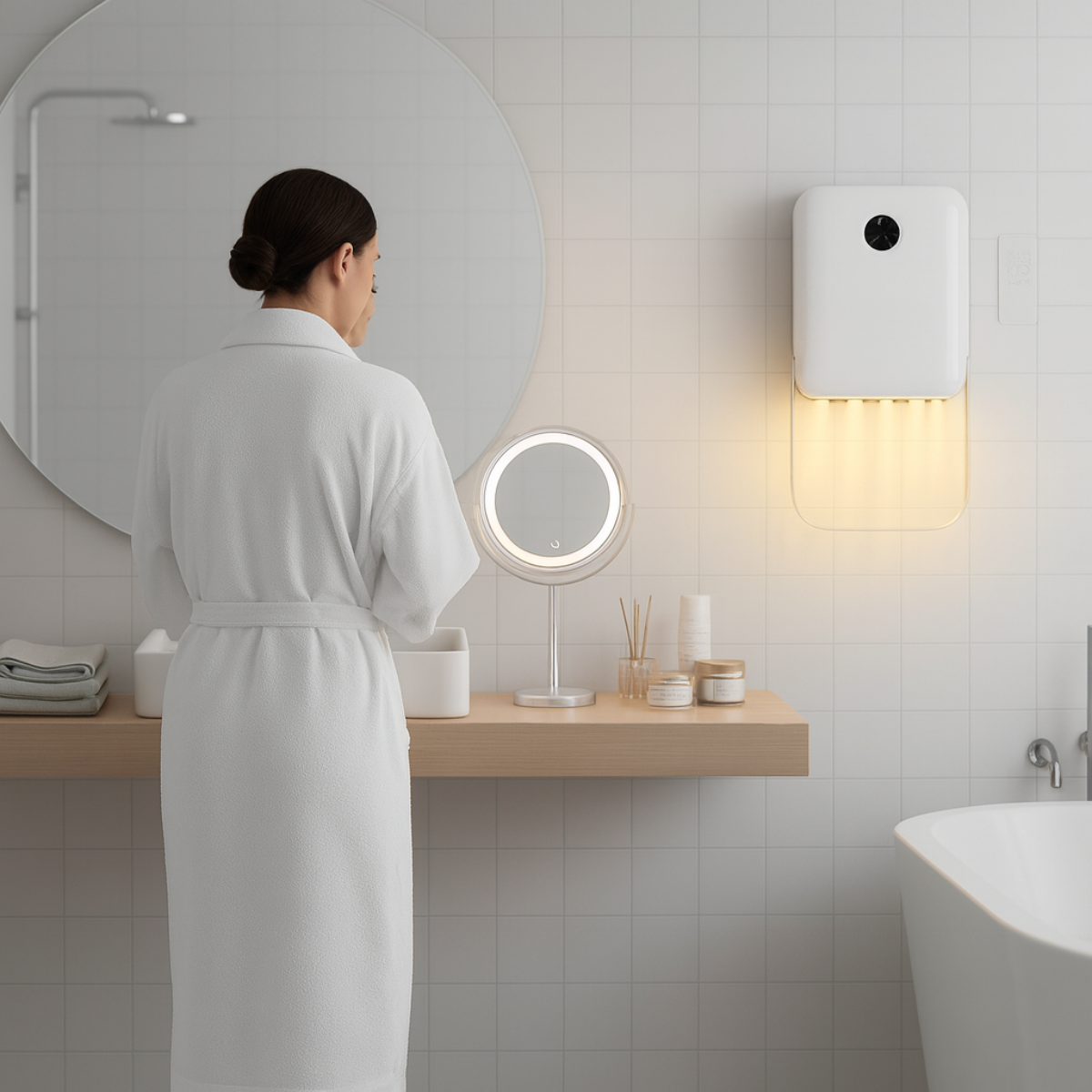 Vrouw in witte badjas in badkamer. Ronde spiegel, verlichte make-upspiegel en plank met items. Witte muren en een bad.