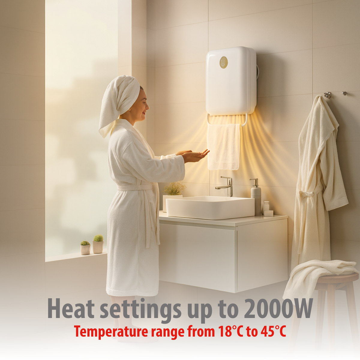 Vrouw in witte badjas in badkamer, voor wand-waterverwarmer. Handdoek en badjas hangen. Tekst: Warmte-instellingen tot 2000W.