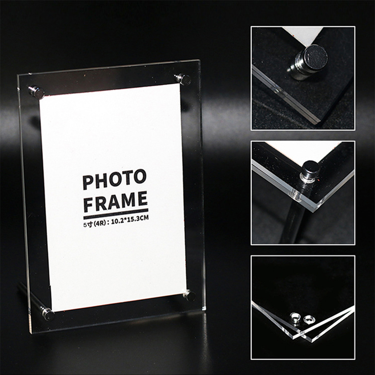 Ein klarer Acryl-Fotorahmen mit einer weißen Karte. Auf der Karte steht 'PHOTO FRAME'. Details des Rahmens sind in den Ecken.