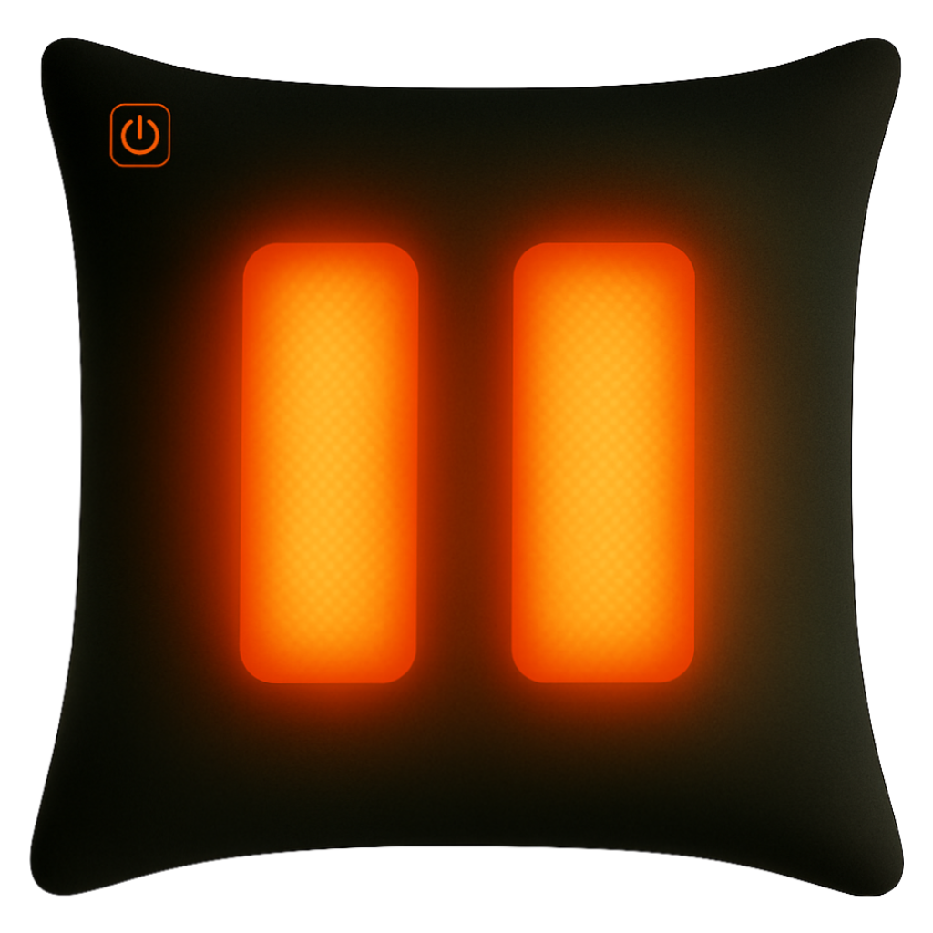 Ein schwarzes Kissen mit zwei orangefarbenen Rechtecken in der Mitte und einem Ein-/Aus-Symbol in der oberen linken Ecke.