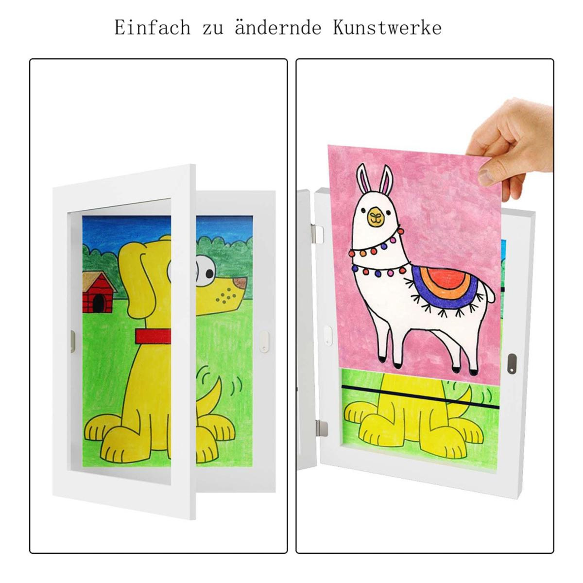 Zwei weiße Rahmen, einer offen mit einem gelben Hund und rotem Haus. Der andere hält eine Lamaziechnung, die von einer Hand gehalten wird.