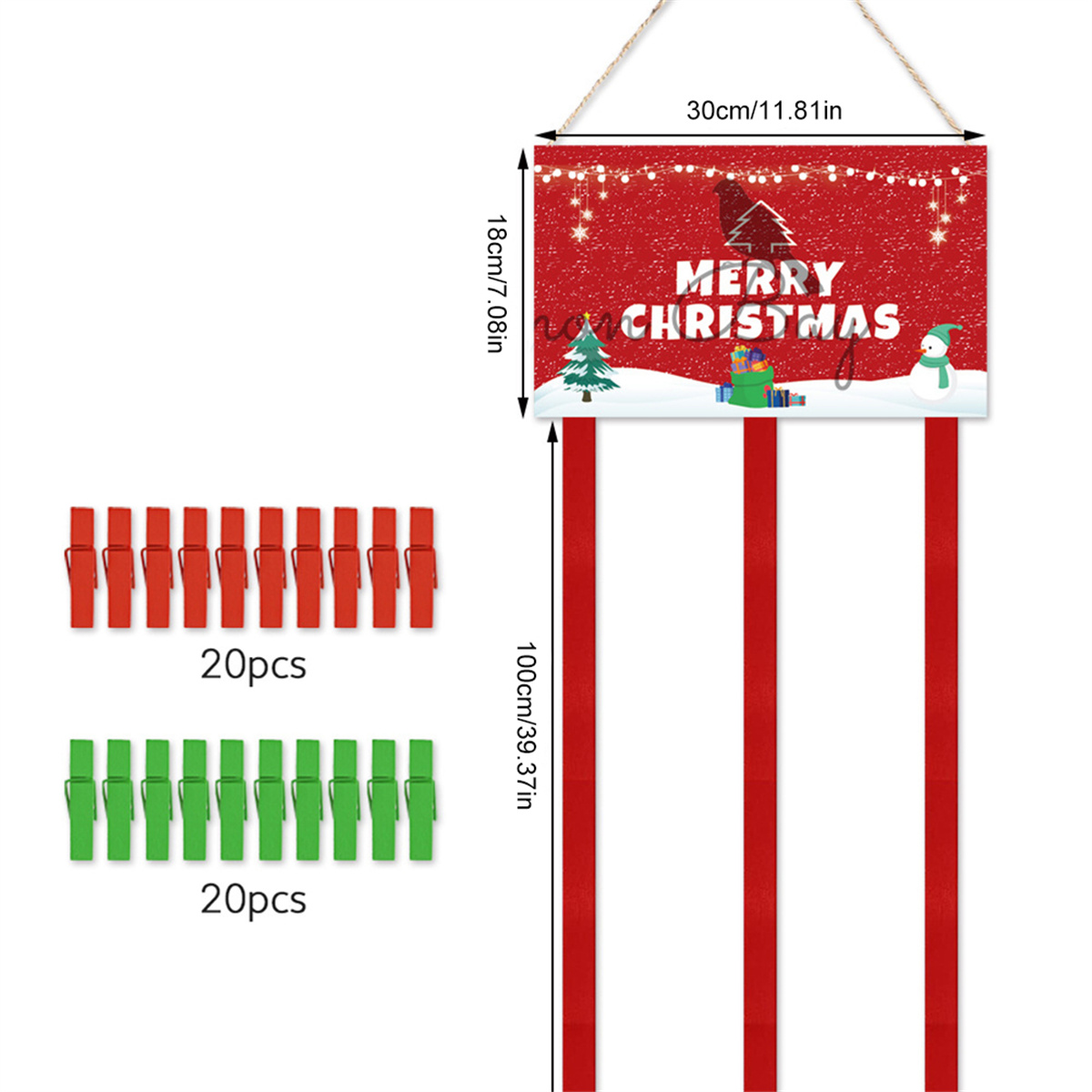 Eine Weihnachtsdekoration mit rotem Hintergrund, einem Schild mit Frohe Weihnachten, roten Bändern und roten und grünen Clips.