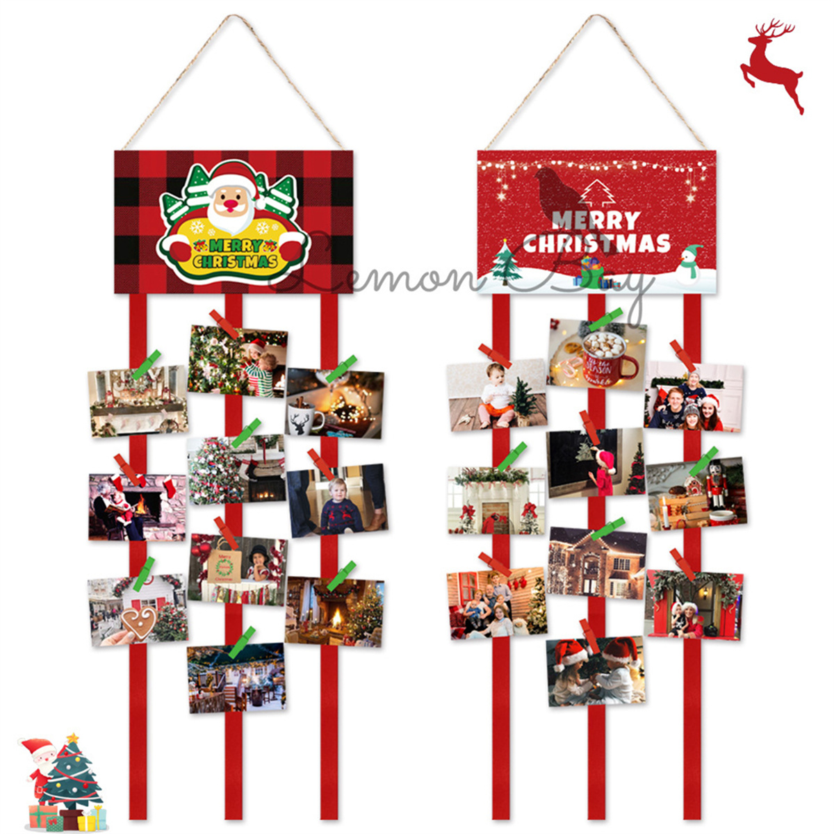 Zwei Weihnachts-Fotodisplays mit Fotos, roten Bändern und Schildern mit der Aufschrift 'Merry Christmas'.