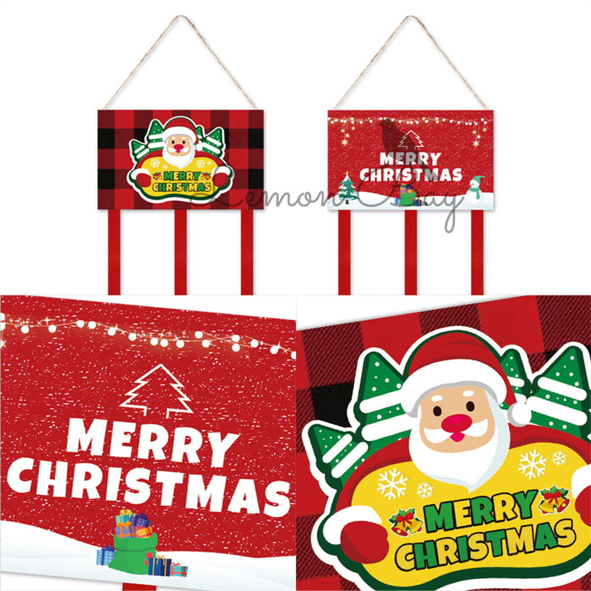 Weihnachtsschilder mit Weihnachtsmann und Frohe Weihnachten-Text, rot-schwarz karierter Hintergrund. Weitere Schilder sind ebenfalls enthalten.