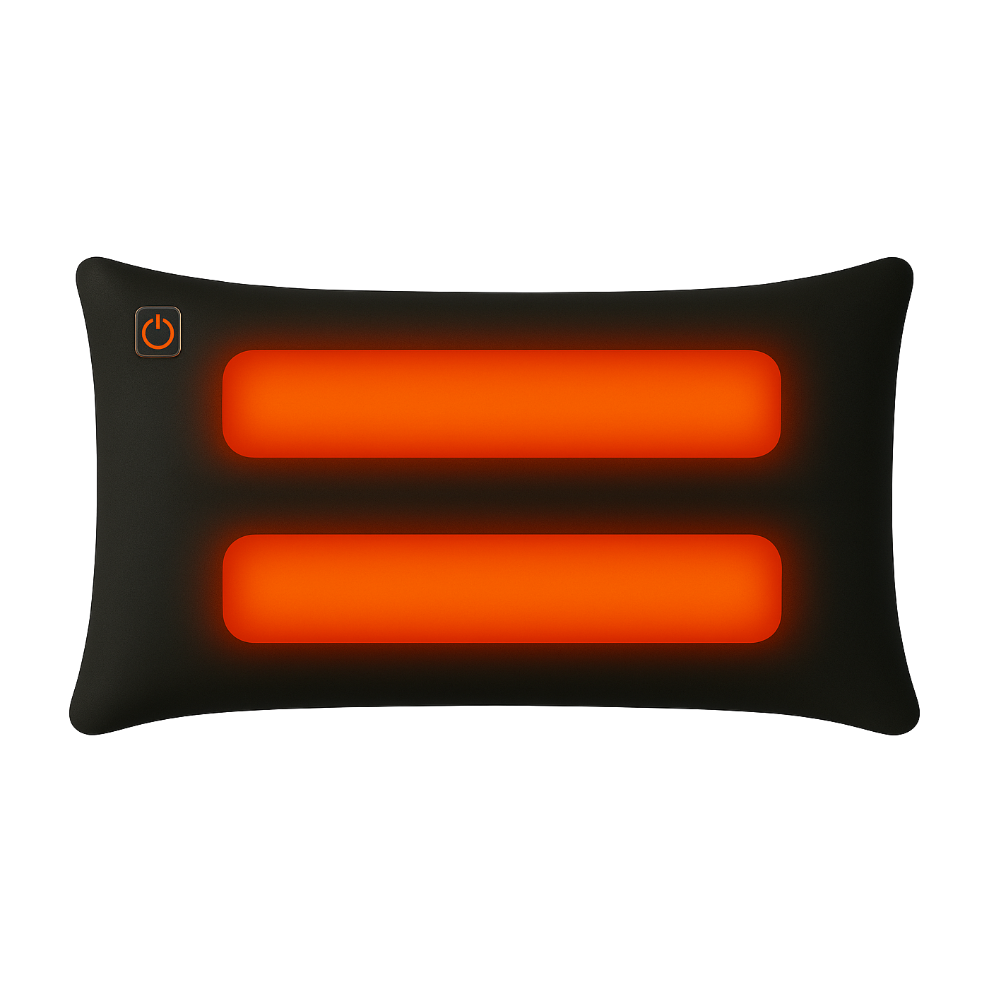 Ein schwarzes kissenförmiges Gerät mit zwei orangefarbenen rechteckigen Lichtern. Oben links befindet sich eine orangefarbene Power-Taste.