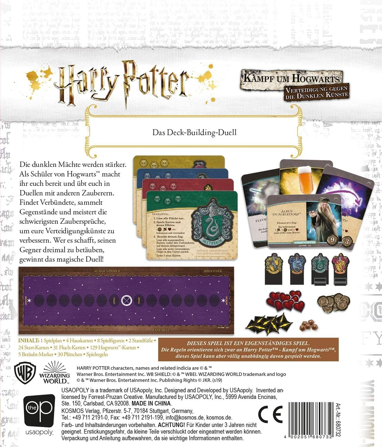 Ein Harry-Potter-Brettspiel-Box-Set mit Karten, Figuren und Anleitungen wird gezeigt.