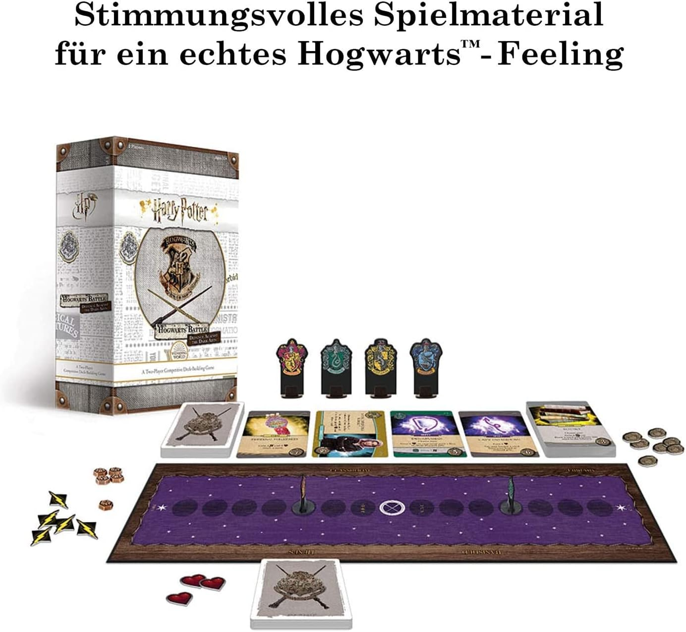 Ein Harry-Potter-Brettspiel-Set mit Karten, Spielsteinen und einem Spielbrett. Die Box ist im Hintergrund.