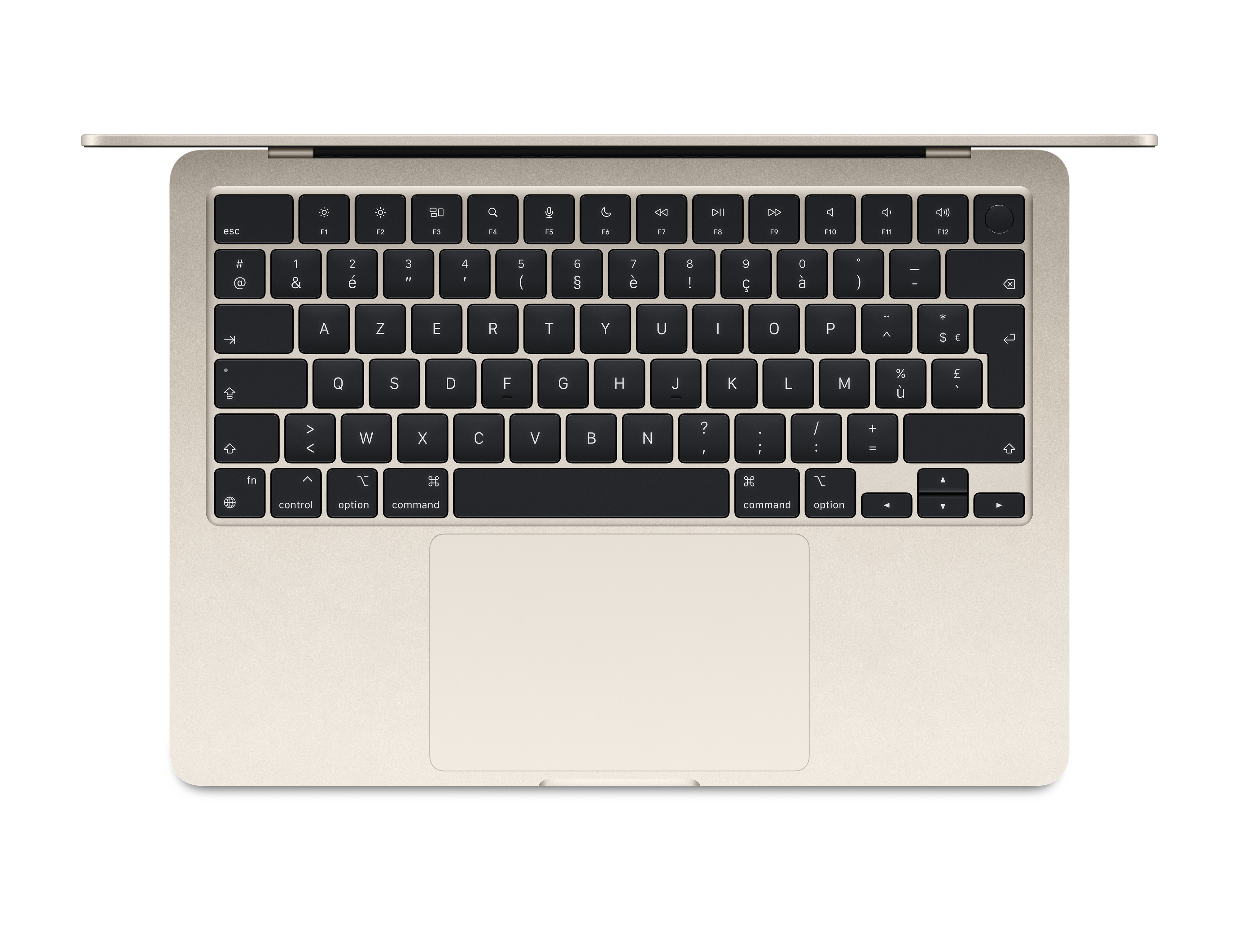 Beżowa klawiatura laptopa z góry. Klawisze są czarne z białymi znakami. Zawiera panel dotykowy.