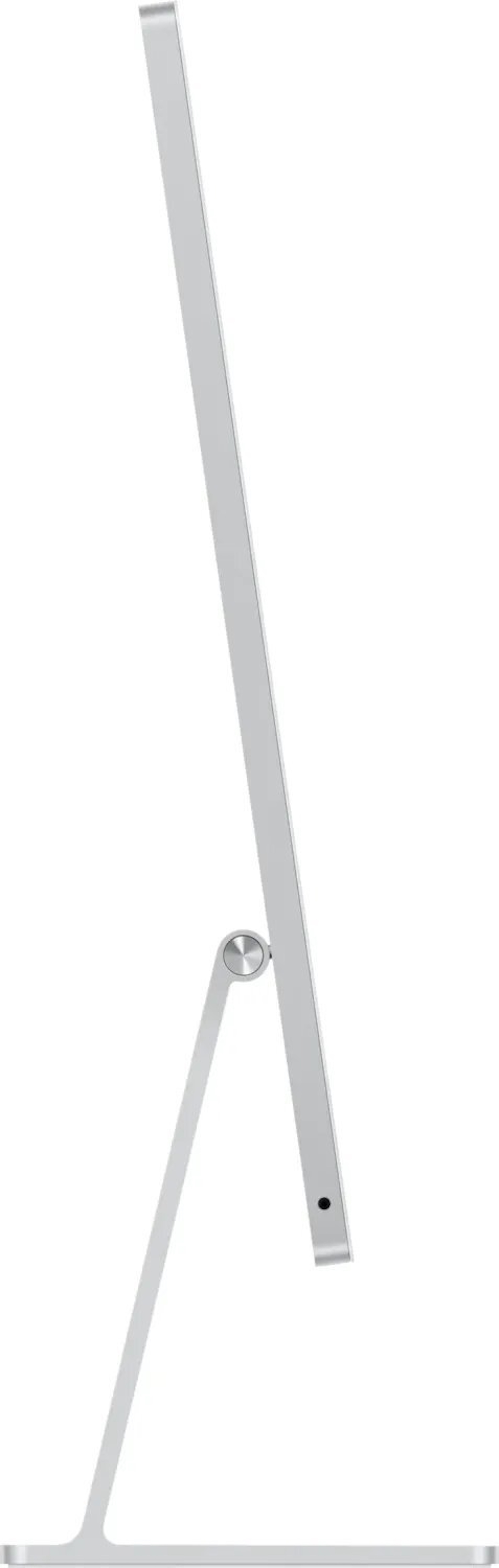 Vista laterale dell'iMac argento. Lo schermo è supportato da un supporto argento. Lo sfondo è bianco.