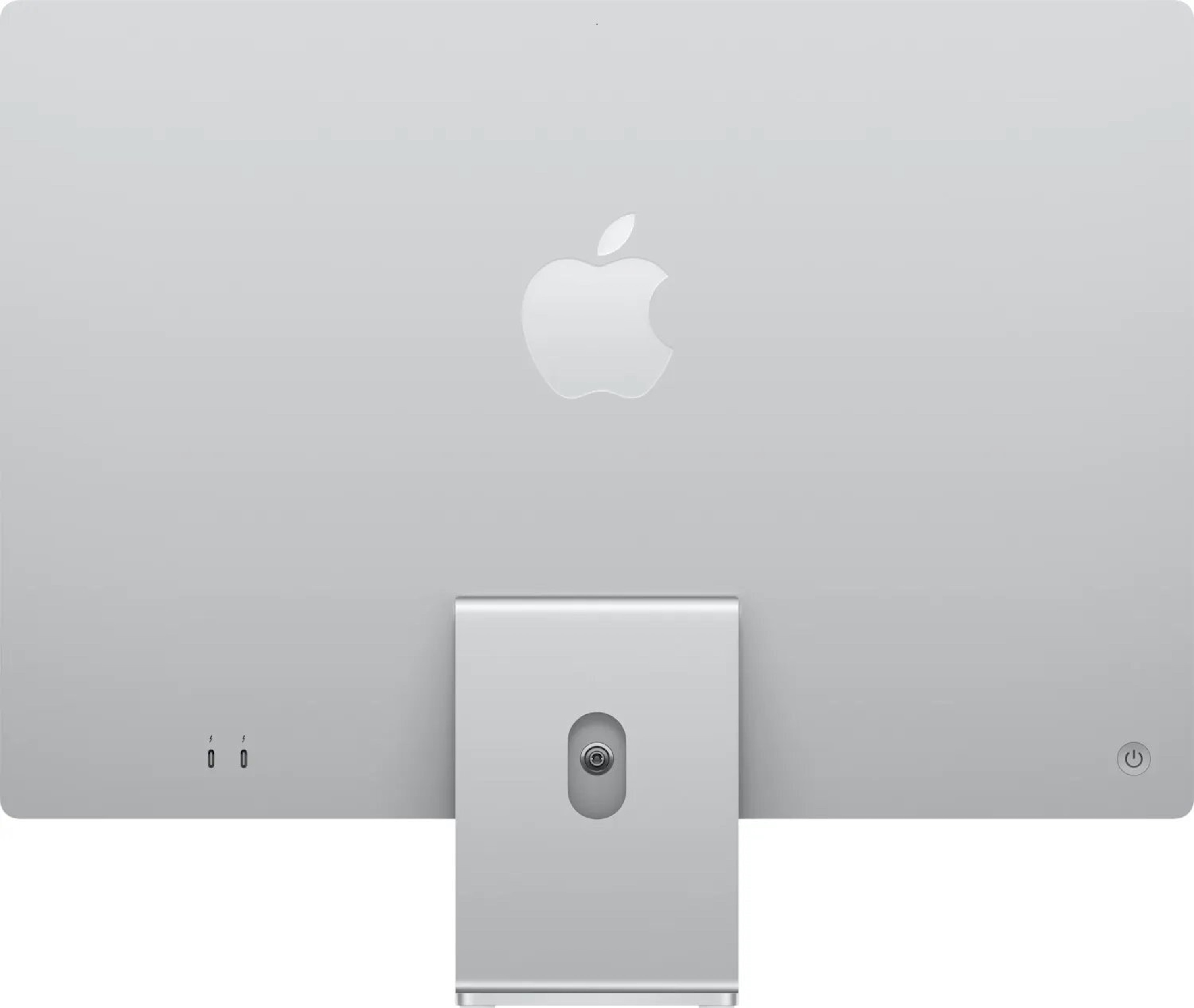 Vista posteriore di un iMac argentato. Logo Apple centrato. Supporto e porte in basso.