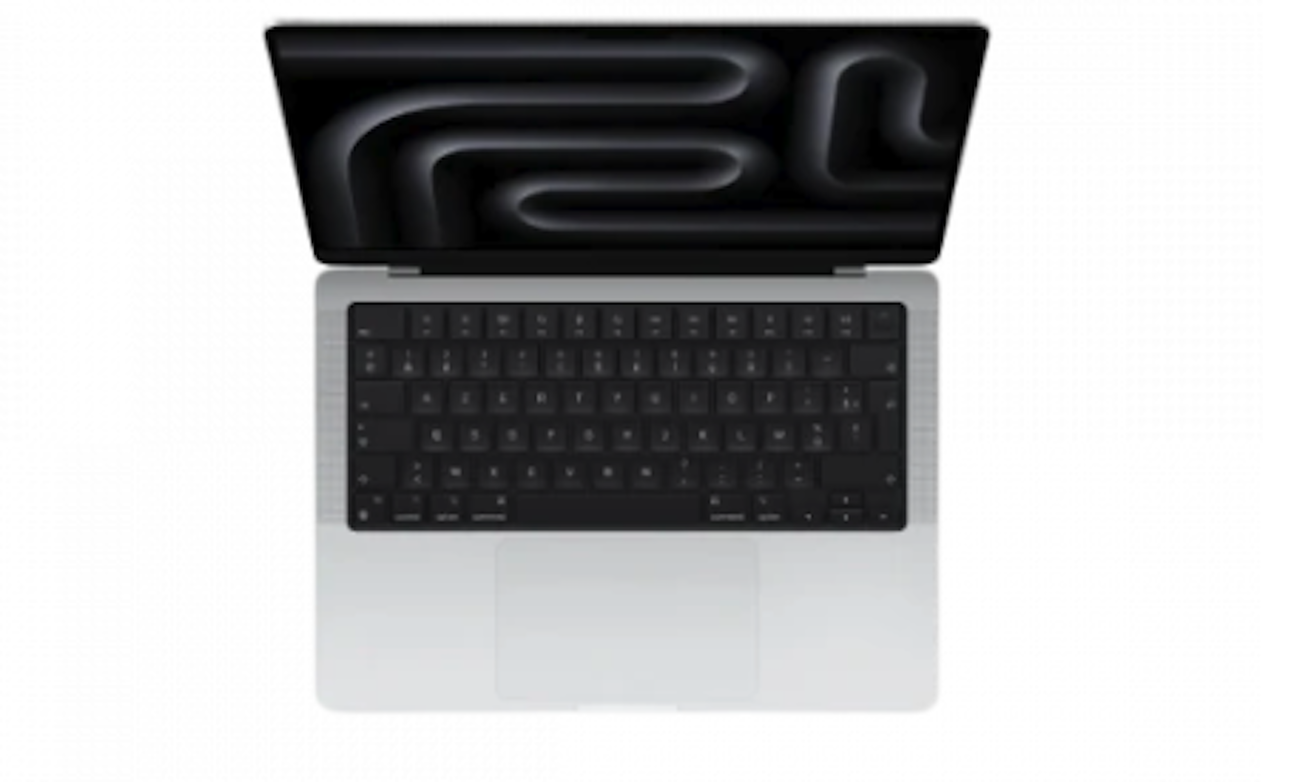 Laptop z czarną klawiaturą i ekranem z czarnym falistym wzorem. Laptop leży na białej powierzchni.