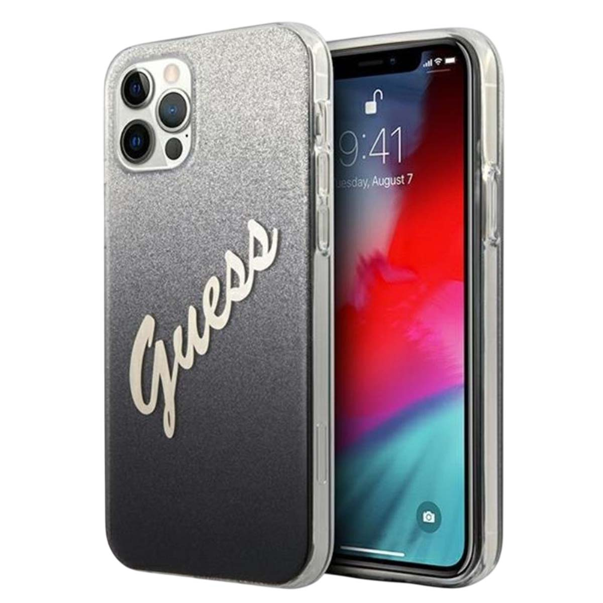 Uno smartphone in una custodia Guess. La custodia è sfumata argento con la scritta 'Guess'. Lo schermo mostra l'ora.